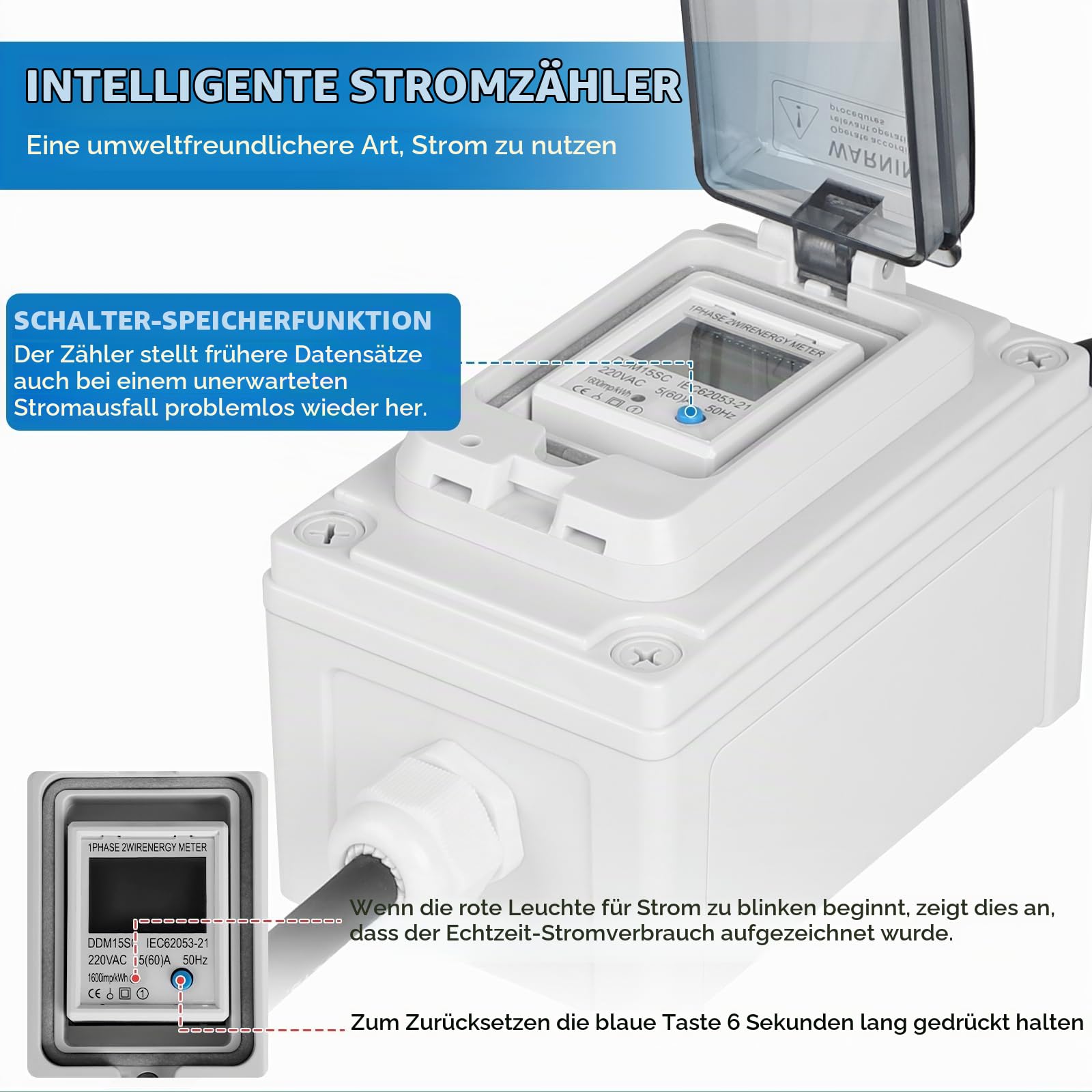 SWAWIS Mobiler Digitaler Stromzähler Steckdose mit CEE-Stecker 230V IP67
