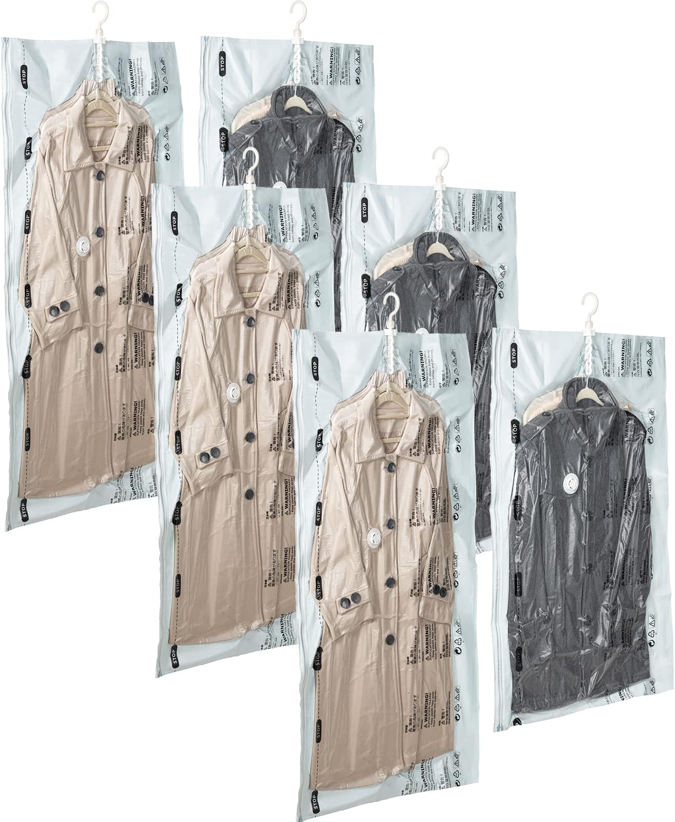 TAILI Hanging Vacuum Storage Bags for Clothes, Space Saver Bags (3 Long, 3 Short), Green-Clear Vacuum sealer Bags 6 Pack, Closet Organizers and Storage