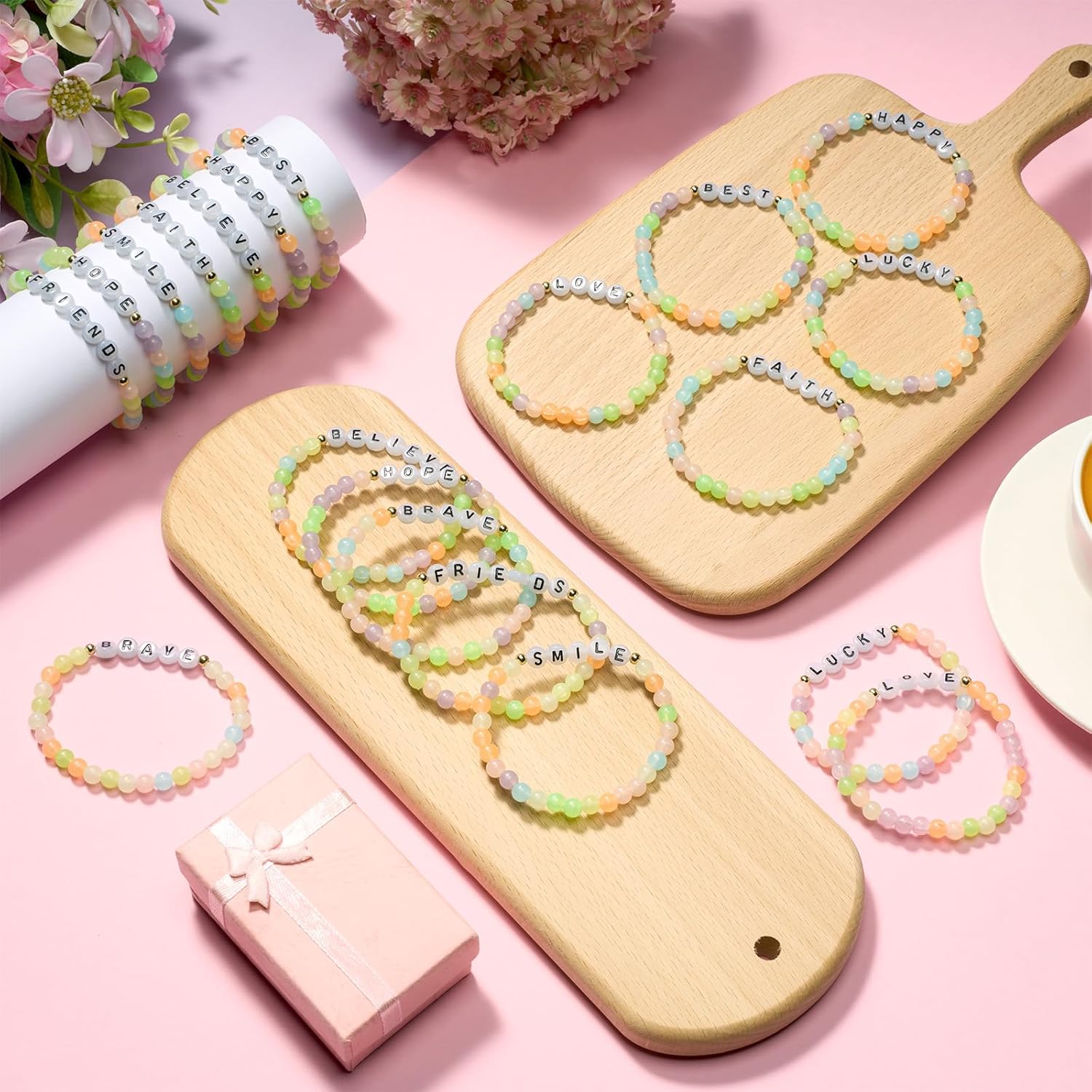 Hoteam 100 Pcs Beaded Friendship Bracelets Bulk Colorful Glow in The Dark Inspired Letter Bracelets Y2k Stretchy Preppy Adjustable Jewelry for Music Lovers Fans Women Party Favor Gifts Sleepover Party - Image 6