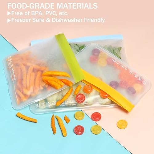 Miniatura 8 de SPLF Paquete de 12 bolsas reutilizables de silicona aptas para lavavajillas, a prueba de fugas, bolsas reutilizables para congelador, sin BPA,