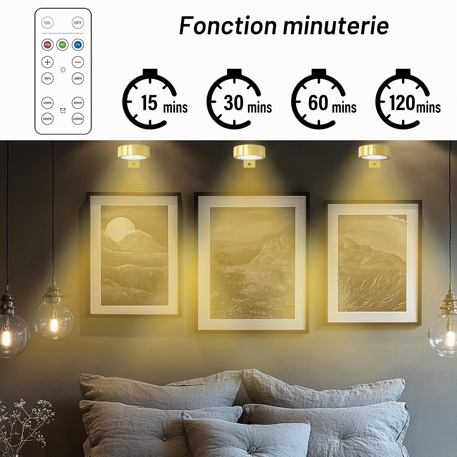 Lot de 4 lampes pour tableau sans fil avec 3 températures de couleur, lumière d'image avec télécommande, éclairage mural sans fil, minuterie à intensité variable, doré