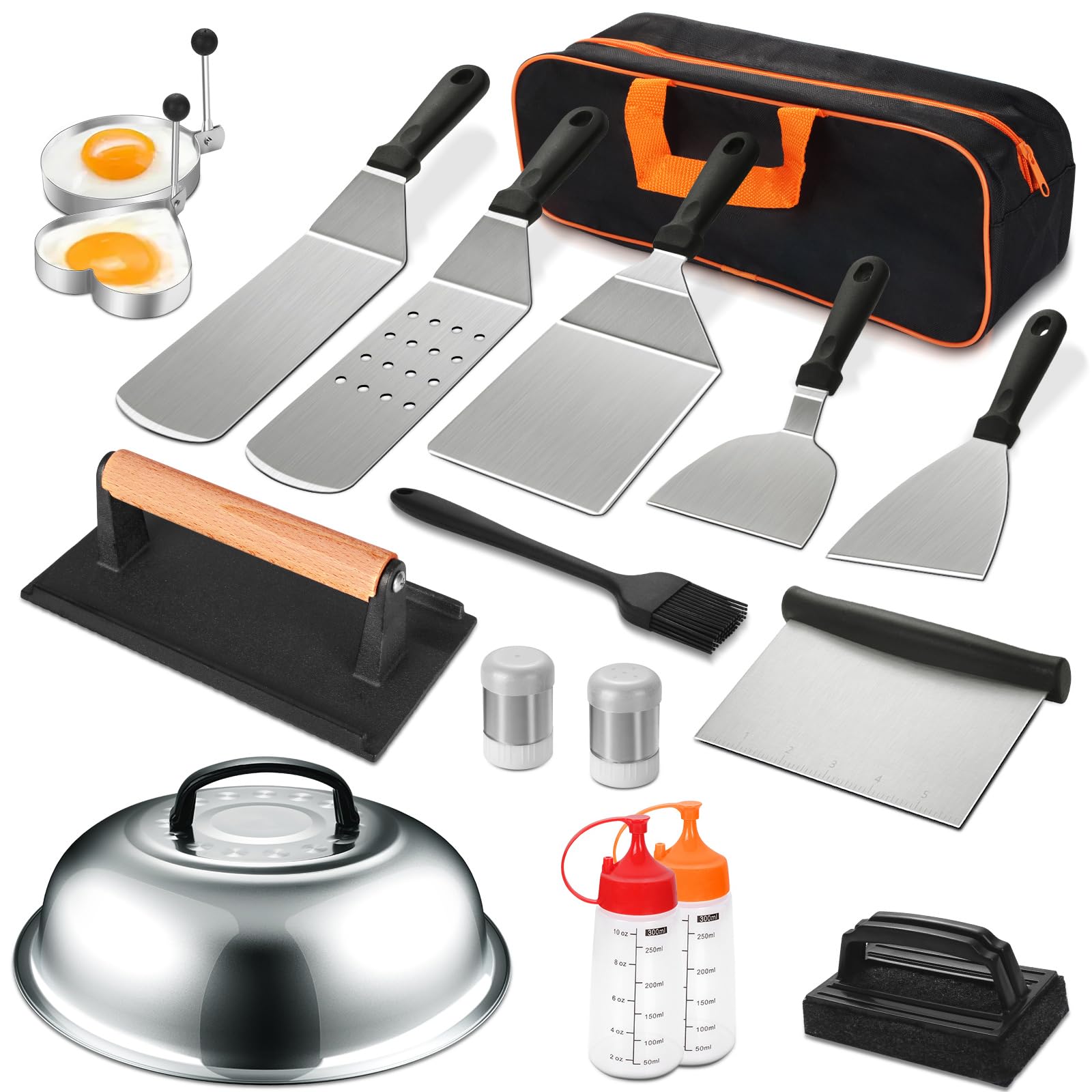 18PCS Griddle Accessories Kit, Flat Top Grill Accessories Set for Blackstone and Camp Chef, Grill Spatula Set with Enlarged Spatulas, Basting Cover, Scraper for Outdoor BBQ