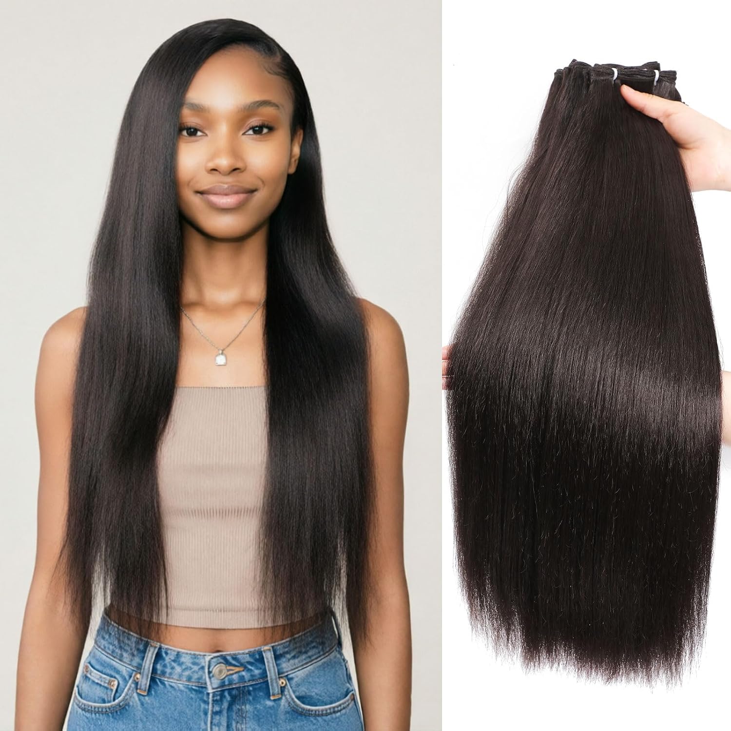6 Bundles Yaki straight bundles hair,Human Blend Synthetic Hair Yaki Straight for Black Women,Heat Resistant Soft Natural Appearance (Natural Black Kinky Straight, 22 24 26 Inch)