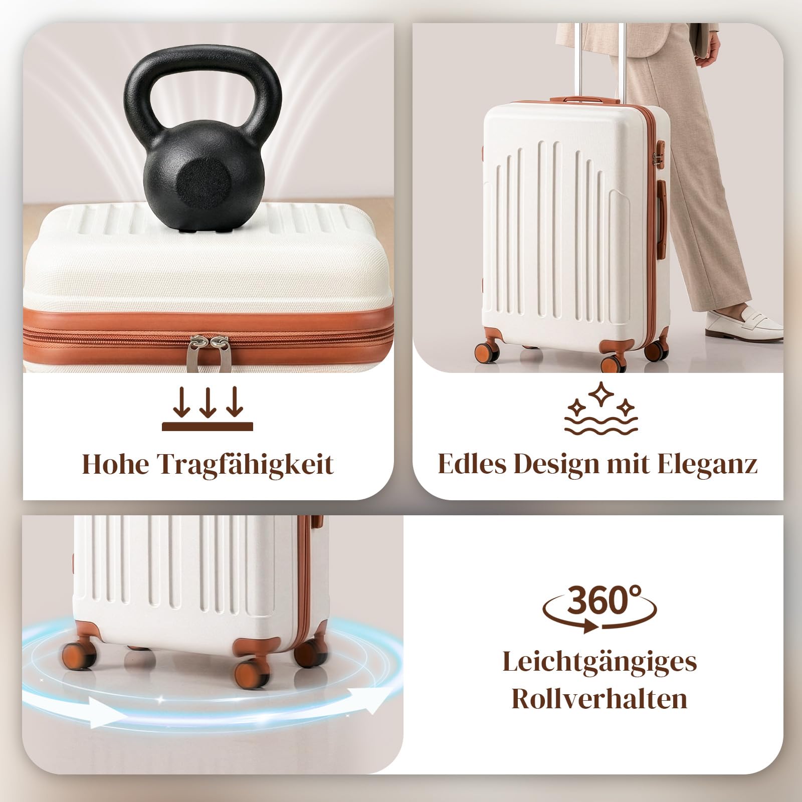 LEADZM Kofferset 4 teilig Hartschale, Koffer Set 4 stück aus ABS, Reisekoffer mit Rollen Groß, Handgepäck, Hartschalenkoffer Groß, Koffer & Trolleys (Beige-Braun)