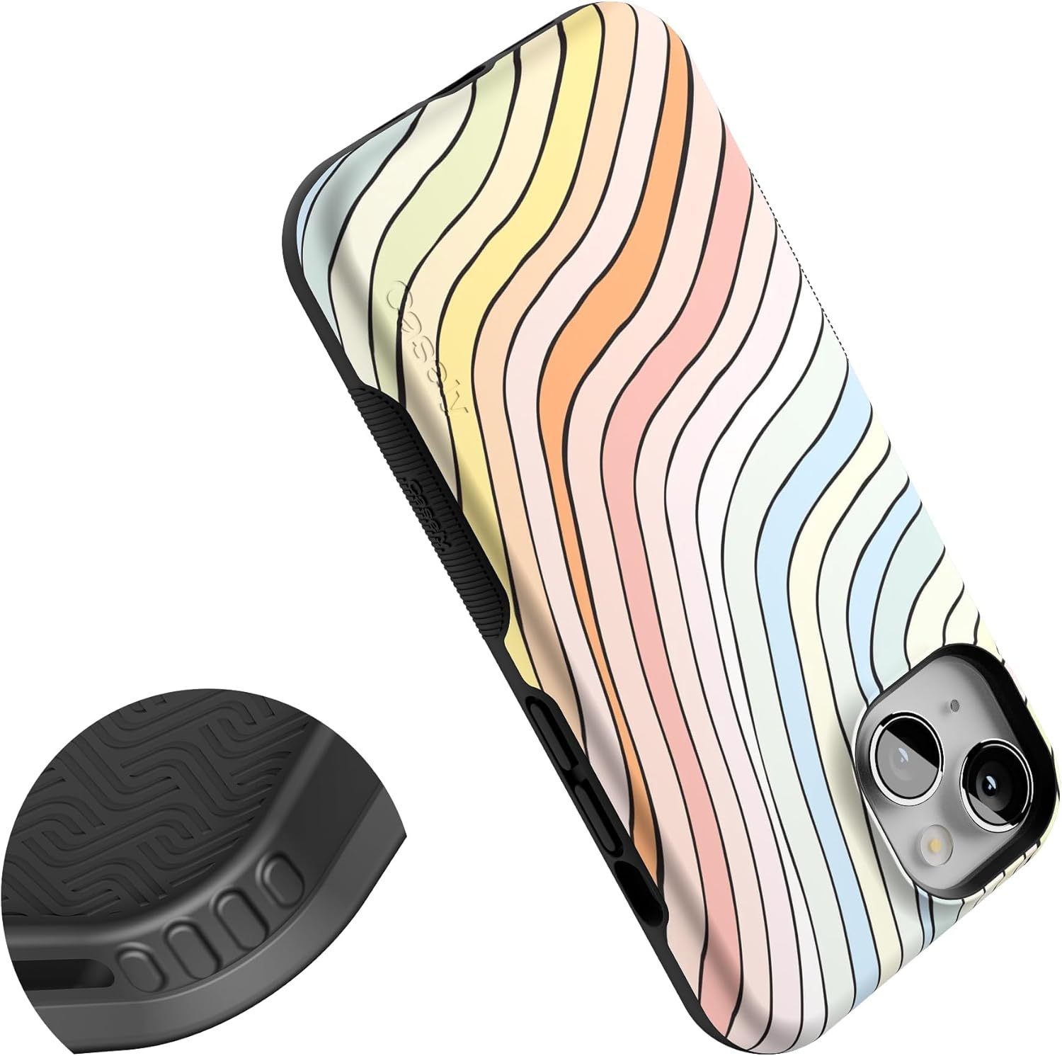 Casely iPhone 14 Case | Ride The Wave | Pastel Rainbow Lined | Bold Protective Design | Compatible with MagSafe