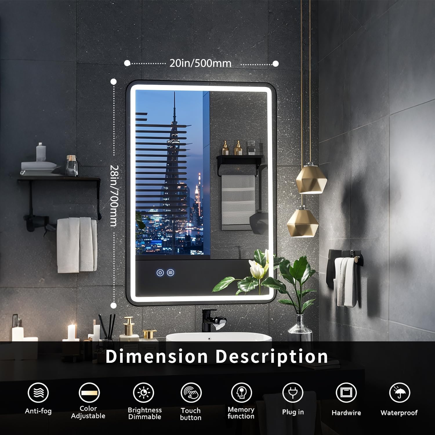 LED Bathroom Mirror, 20x28 inch Frameless Rounded Corner Vanity Mirror, Dimmable Front & Backlit Lights, Anti-Fog, Wall Mounted Mirror for Home (Horizontal/Vertical)