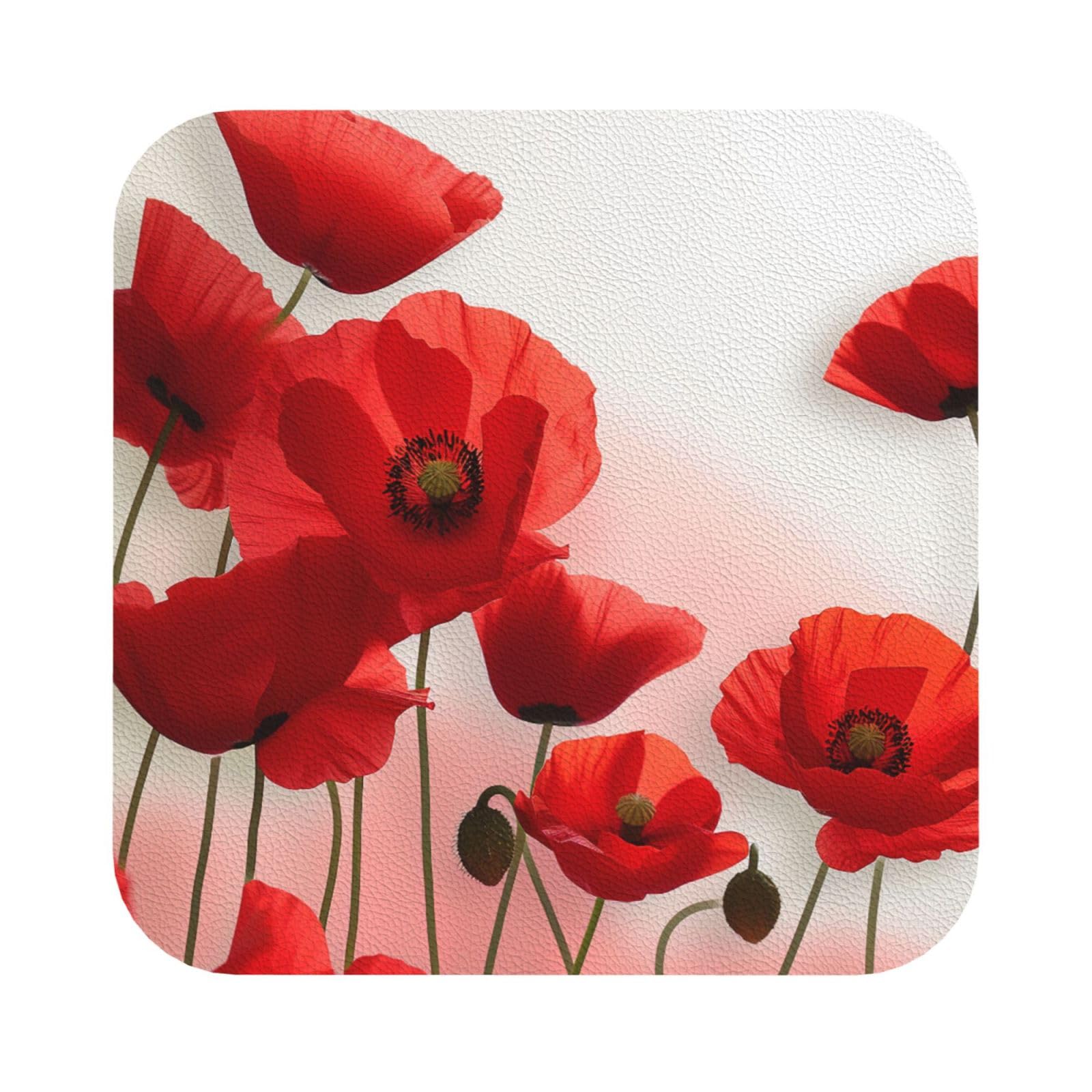 Flowers Vivid Petals Print Leather Coaster Set of 6, Square Coasters Table Decorative Coffee Cup Beverage Coasters Wine Beer Bar Coasters for Hot Drinks Table Protection