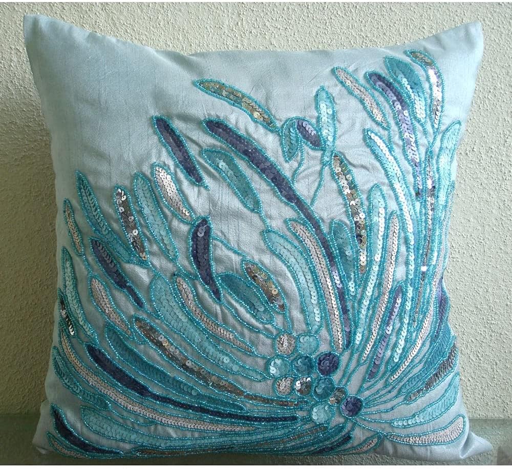 The HomeCentric Custom Cushion Cover, Decorative Blue Accent Throw Pillows 16x16 inch (40x40 cm) Silk Throw Pillows for Couch, Abstract, Waves, Sequin Embellished, Beach Cushion - Water Burst