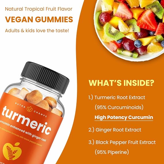 Turmeric Gummies for Adults & Kids with Ginger & Black Pepper Extract | 95% Curcuminoids | Vegan Natural Curcumin Joint Support | 120 Tumeric Gummy Supplements (2-Pack)