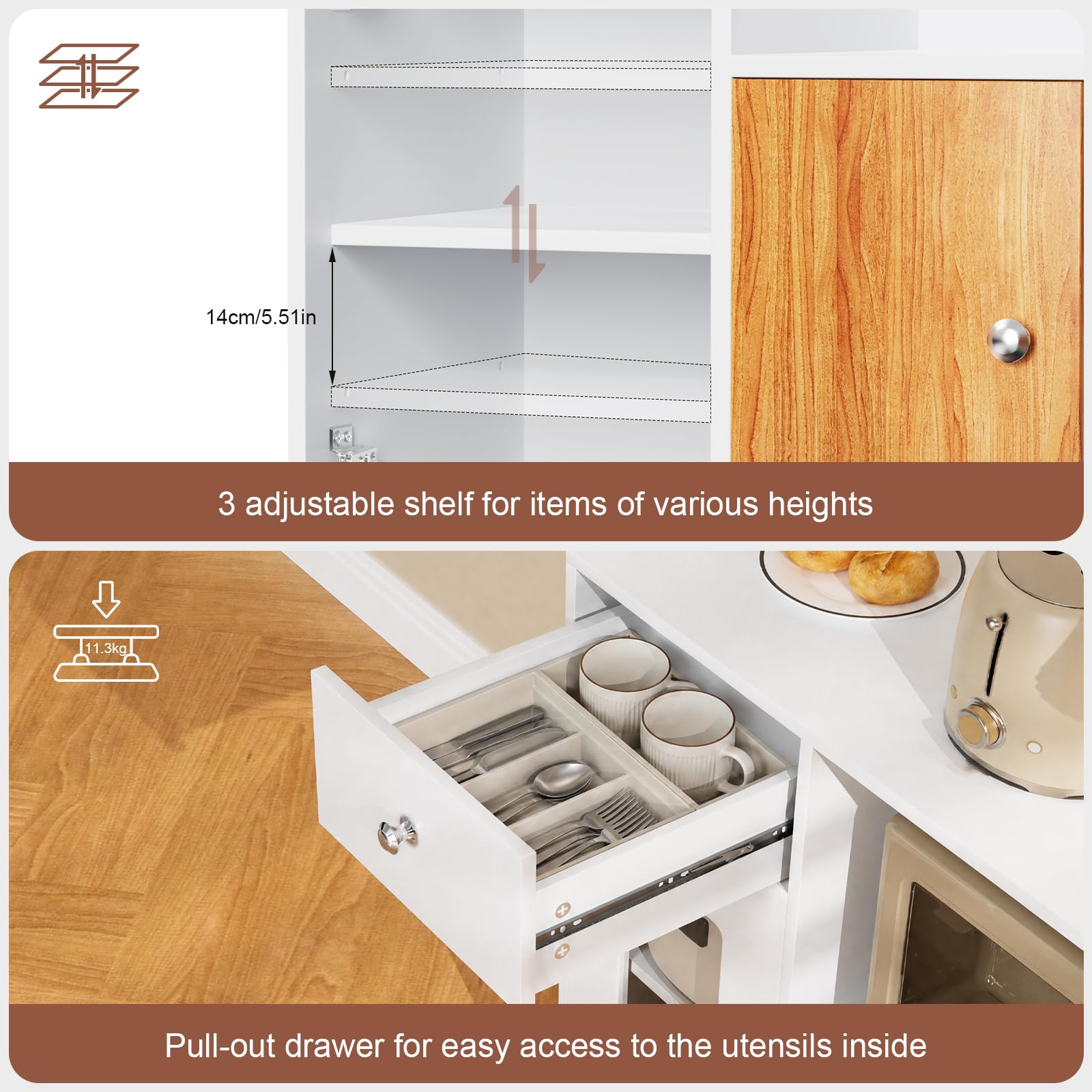 PIPIPOXER Credenza, Mobile da Cucina con Ante a Ripiani Regolabili per Microonde e 1 Cassetto, 3 Ante, Credenza Armadio da Cucina, Mobiletto Portaoggetti, Armadio di Stoccaggio in Legno, 80x40x83cm
