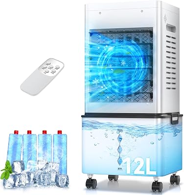 Mobile Klimaanlage, Luftkühler 12L Mobiles Klimagerät ohne Abluftschlauch, Verdunstungskühler mit Fernbedienung, 6 Stufen, 24H Timer, 40 dB Leise, Portable Air Conditioner Räume Büro Schlafzimmer