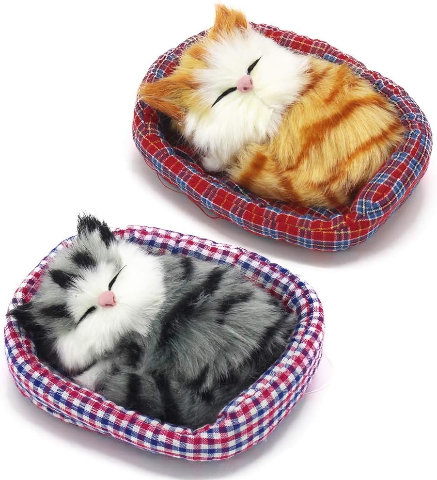 2Pcs Sleeping Cat in Pet Pad Doll Toy, Mini Kitten in Pet Pad with Meows Sounds Decor for Office Desk Hand Toy Gift for Kids Boys Girls