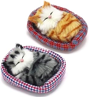 2Pcs Sleeping Cat in Pet Pad Doll Toy, Mini Kitten in Pet Pad with Meows Sounds Decor for Office Desk Hand Toy Gift for Kids Boys Girls
