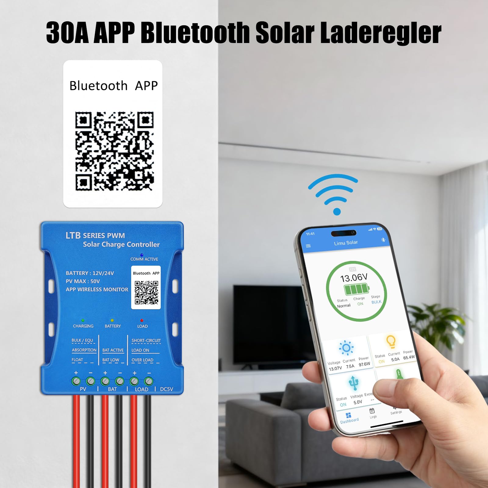 Controlador de cargador solar con aplicación Bluetooth de 30 A: KWODE 30 A, 12 V/24 V, PV: 50 V, controlador inteligente de panel solar, controladores de cargador PV Bluetooth PWM para plomo ácido