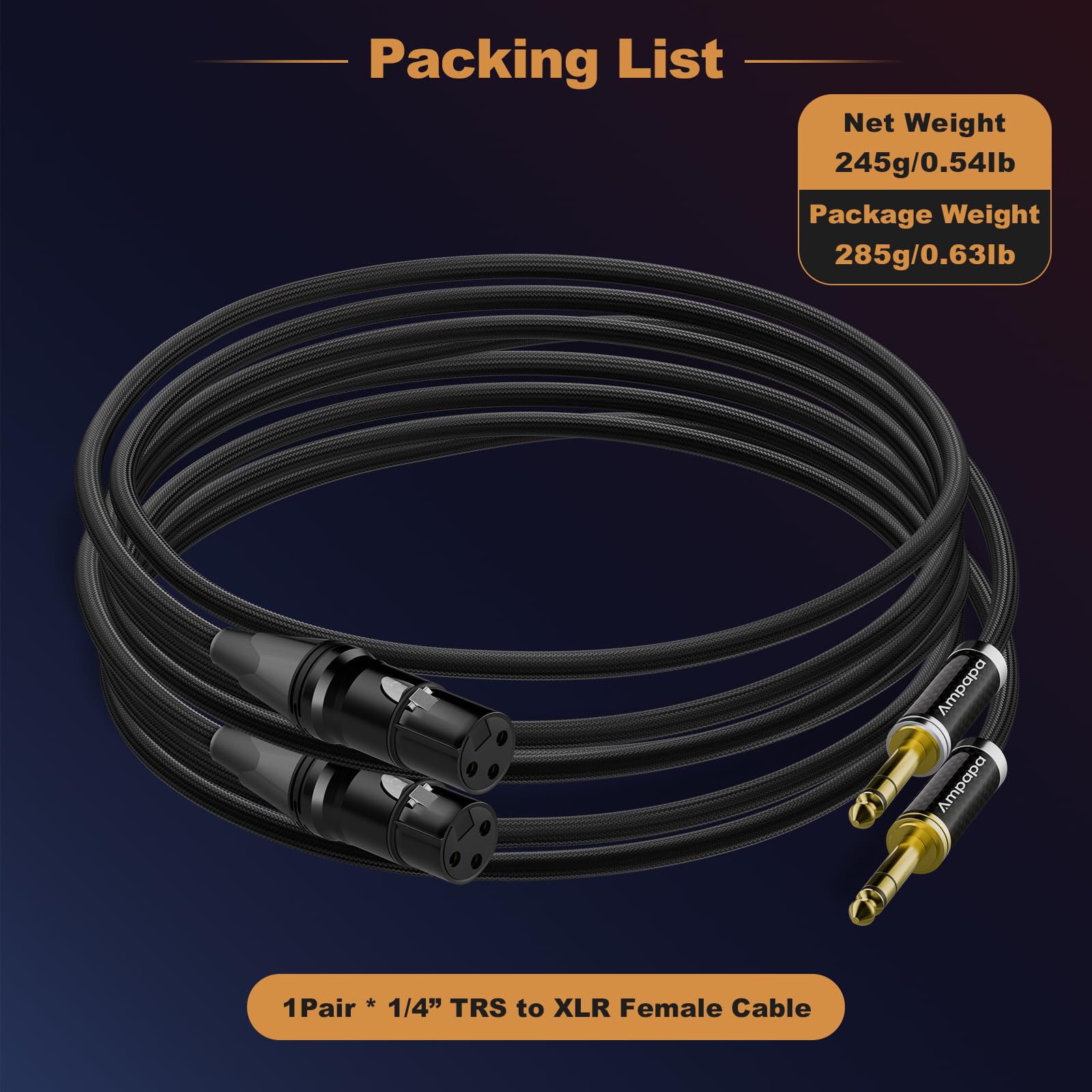 Câble symétrique TRS vers XLR femelle 1/4" OFC plaqué or XLR vers 6,35 mm
