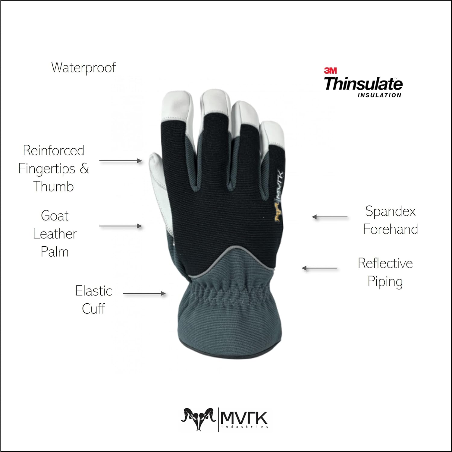 フラリー断熱ブラック&amp;グレーストレッチ生地とゴートレザー防水冬用作業手袋