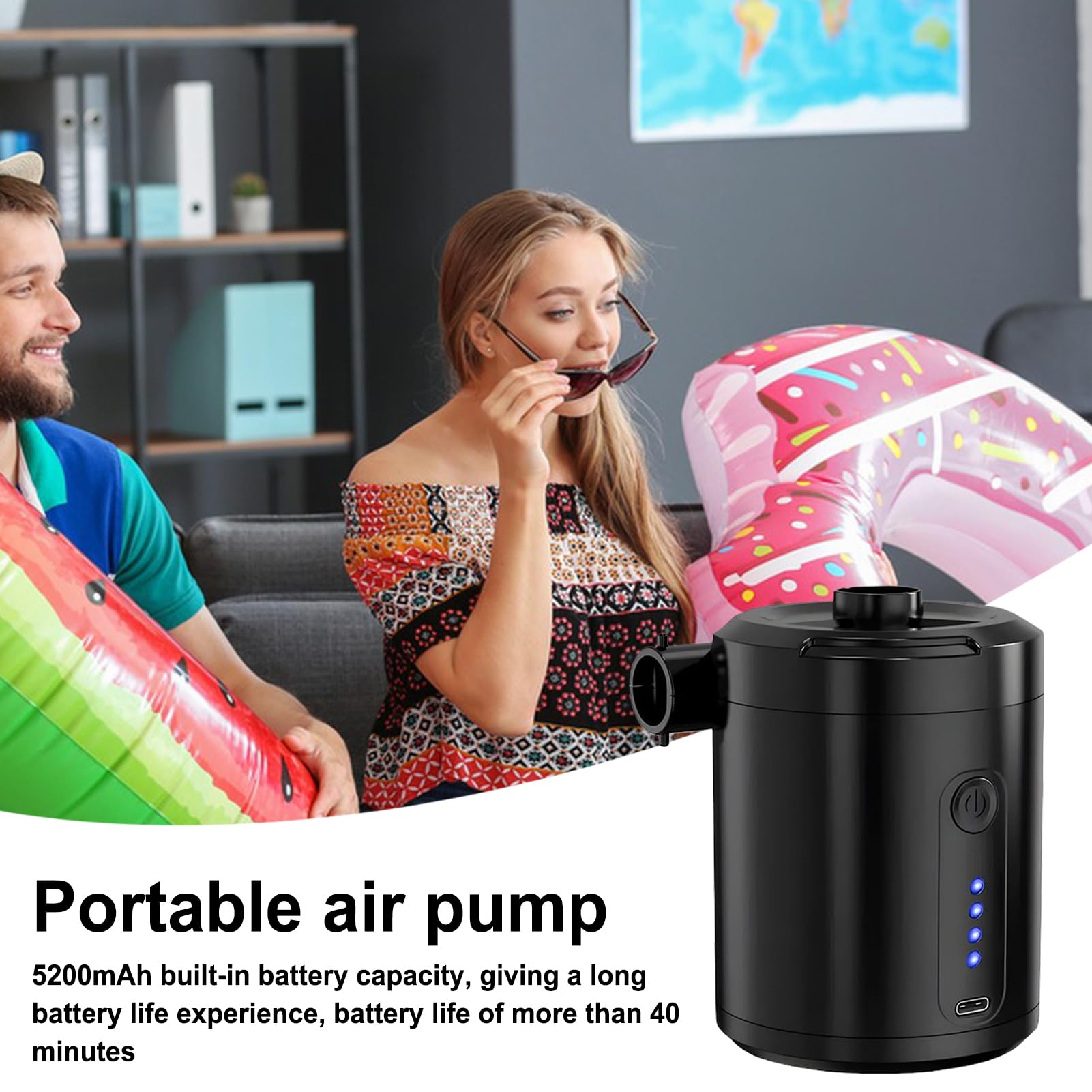 Wireless Air Compressor, Fast Charging Inflator for Pool Toys, Camping Mattresses, Travel Gear, Compact Electric Pump for Outdoors, Home, Beach, Hiking, 4.37 X 3.15 inches