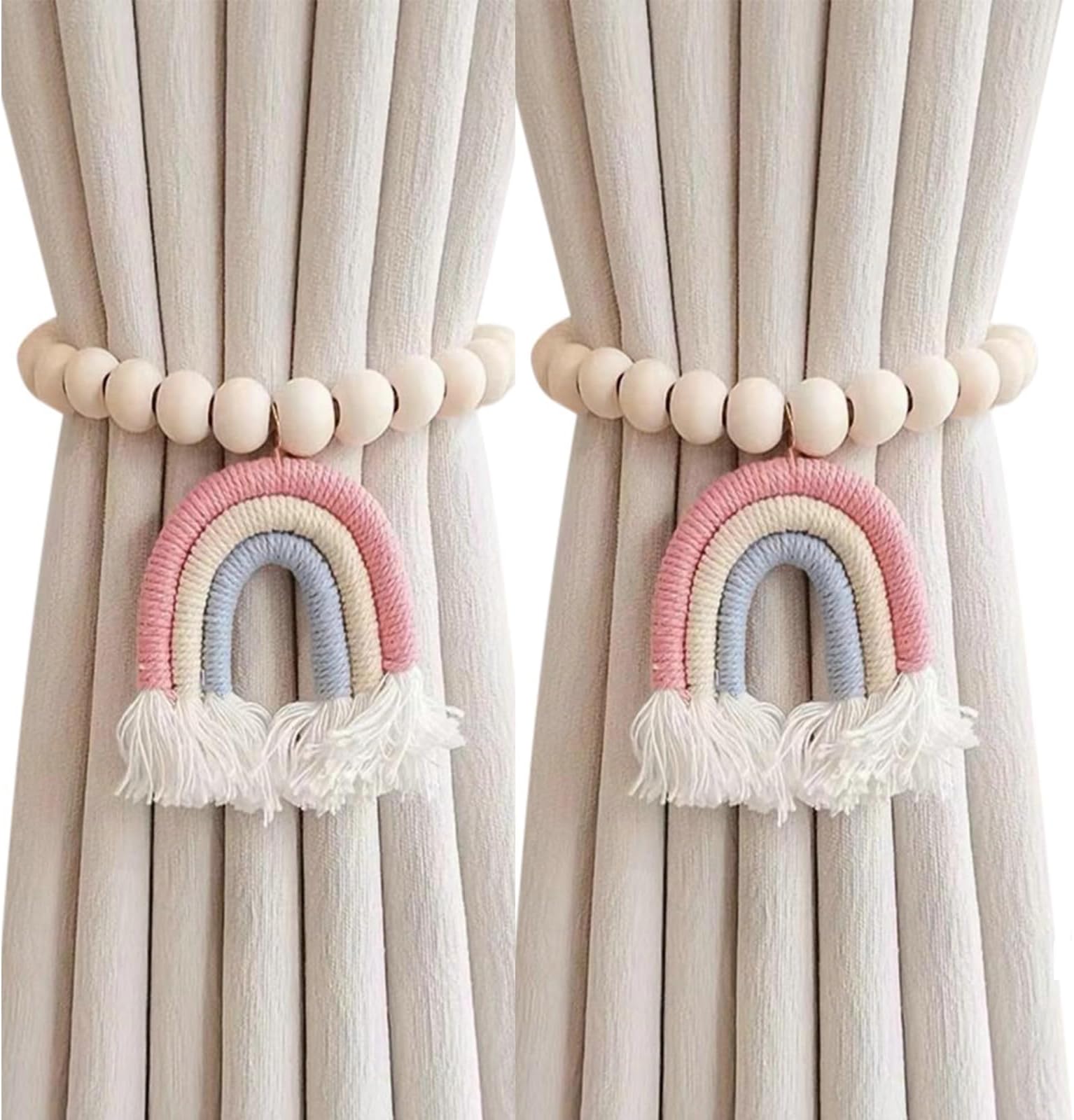 2PCS Curtain Tie Backs, Curtain Tiebacks with Rainbow Tassel Pendant, Wooden Beaded Tie Backs for Curtains, No Punching Curtain Holdbacks Window Treatment for Bedroom Nursery Farmhouse Boho Decor