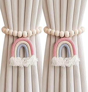 2PCS Curtain Tie Backs, Curtain Tiebacks with Rainbow Tassel Pendant, Wooden Beaded Tie Backs for Curtains, No Punching Curtain Holdbacks Window Treatment for Bedroom Nursery Farmhouse Boho Decor