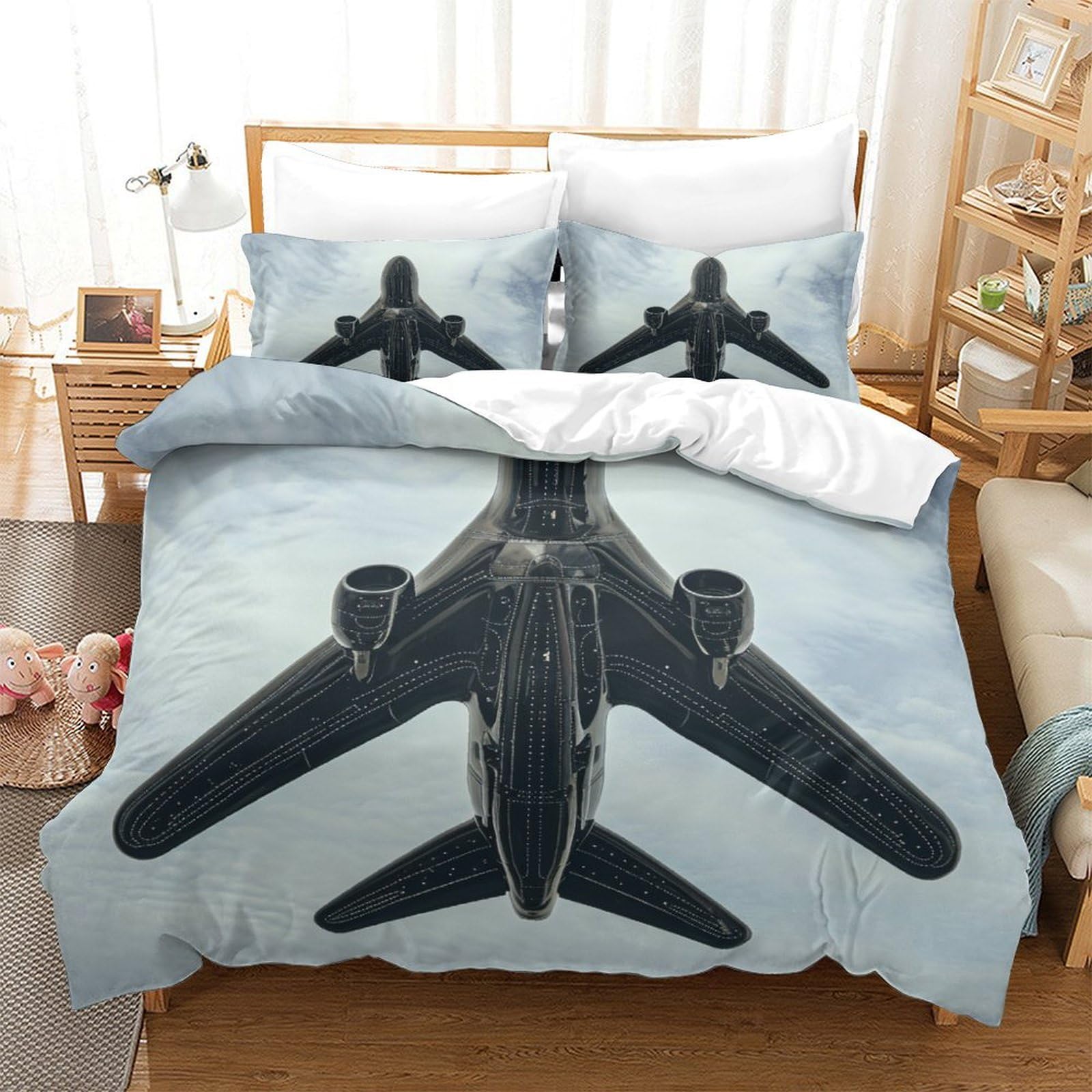 P1S9U7W5Y Contemporary Aircraft 3D Printed Duvet Cover Set 3pcs Microfiber Aviation Bedding Set King（220x240cm）