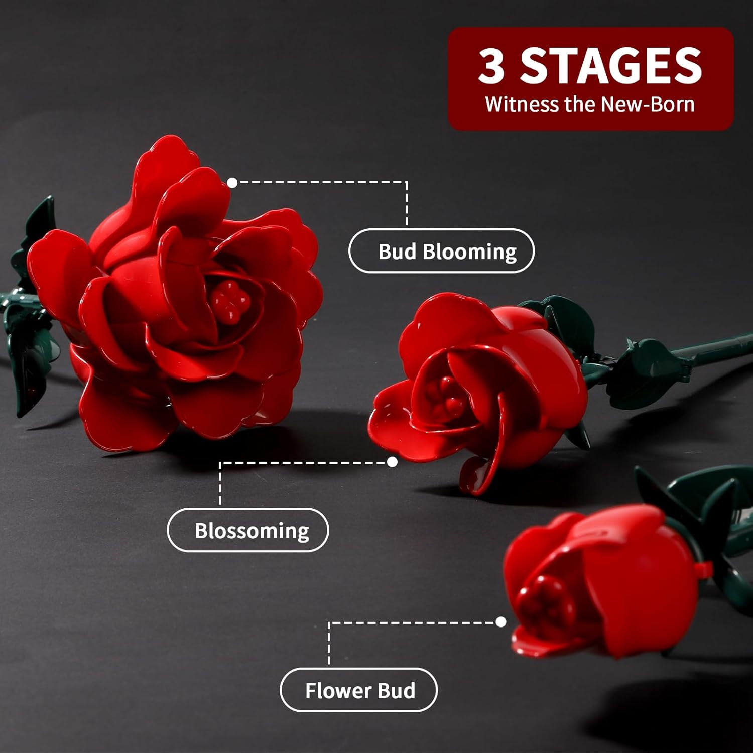 Red Rose Flower Bouquet Building Set, 443 Pcs Botanical Collection Kit Artificial Flowers Blocks, Home Table Decor for Valentine's Day Birthday, DIY Craft Floral Gift Without Vase