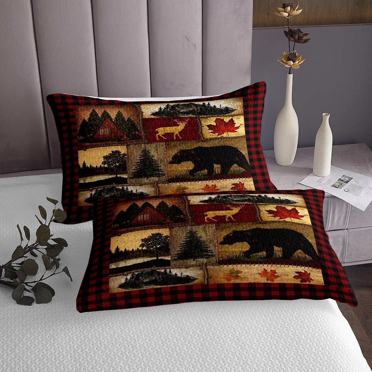 Bear Cabin Plaid Bedspread Sets King, Rustic Farmhouse Bedspread Set, Retro Hunting Deer Coverlet Set, Country Woodland Pine Tree Bedding Set, Maple Leaf Lodge Decor Bed Set, Red Black Brown, 3Pcs