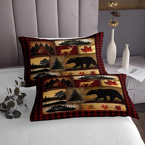Miniatura 3 de Bear Cabin - Juego de edredón a cuadros tamaño King, juego de colcha rústica de granja, juego de colcha retro de ciervos de caza, juego de ropa de
