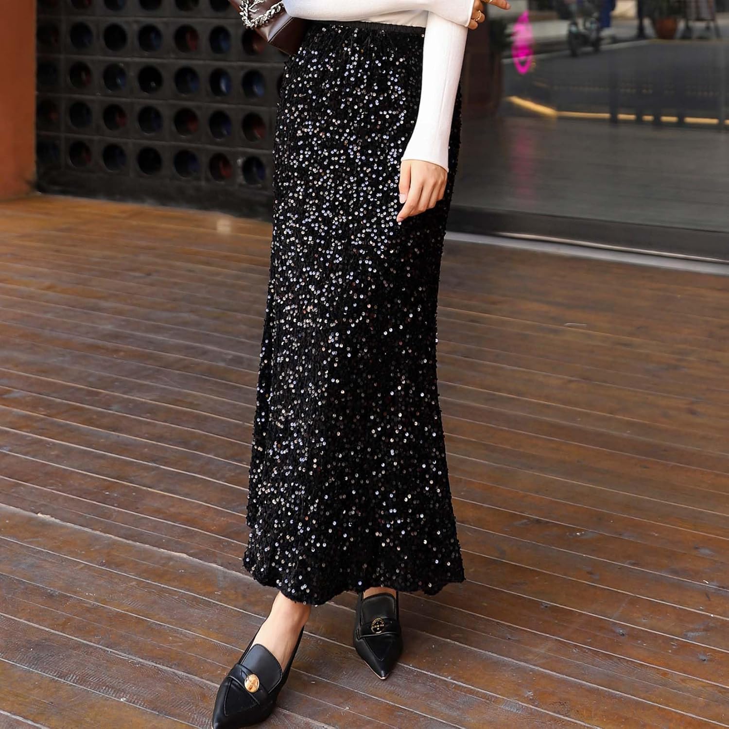 Women's High Waist Sequin Mermaid Maxi Skirt Sparkly Design with Fishtail Hem Party Wear - Image 3