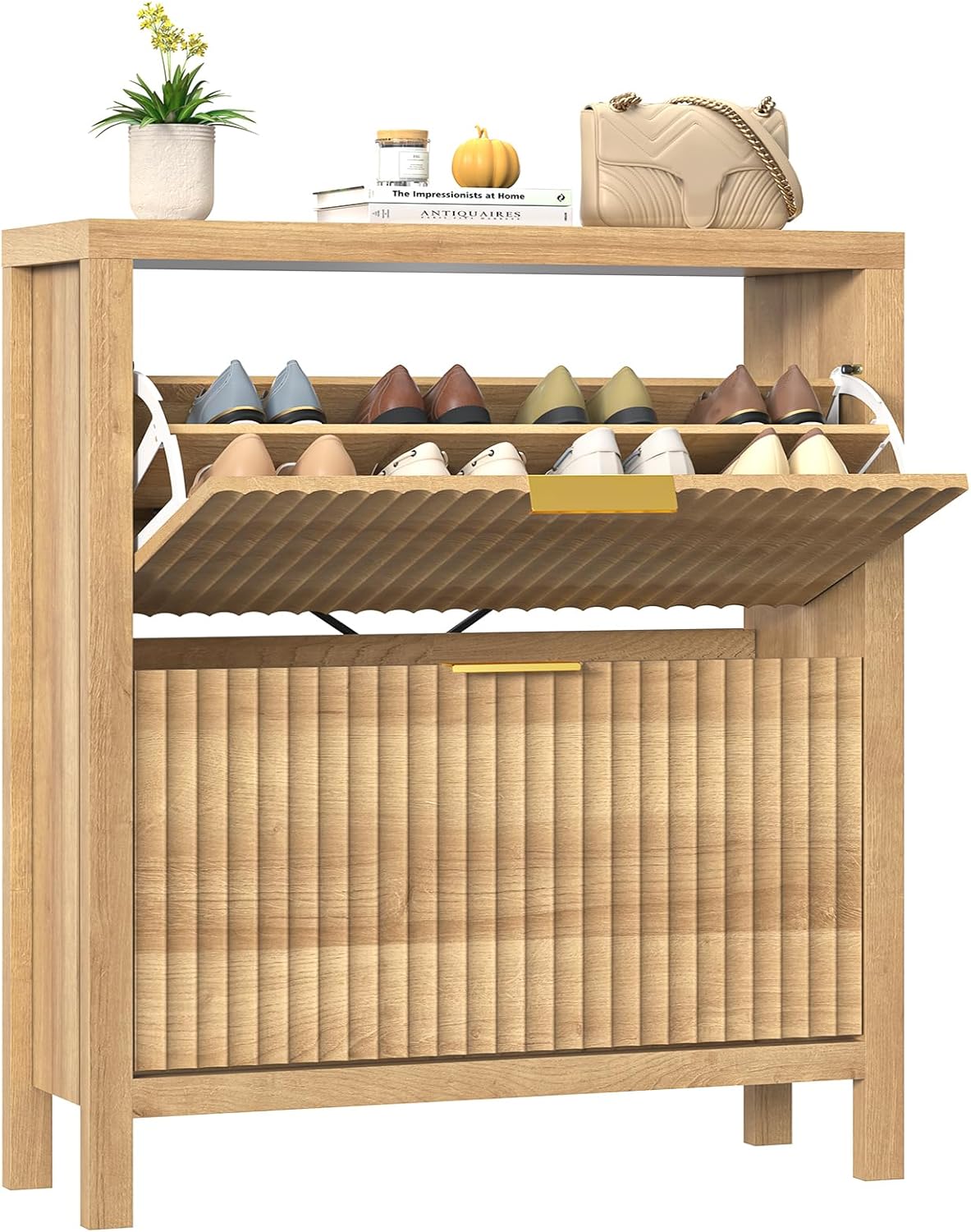 Shoe Cabinet Storage for Entryway, Fluted Shoe Cabinet with 2 Flip Drawers, Hidden Shoe Rack Tall Freestanding Shoe Organizer with Legs for Hallway, Wood 2 Drawers Natural Oak