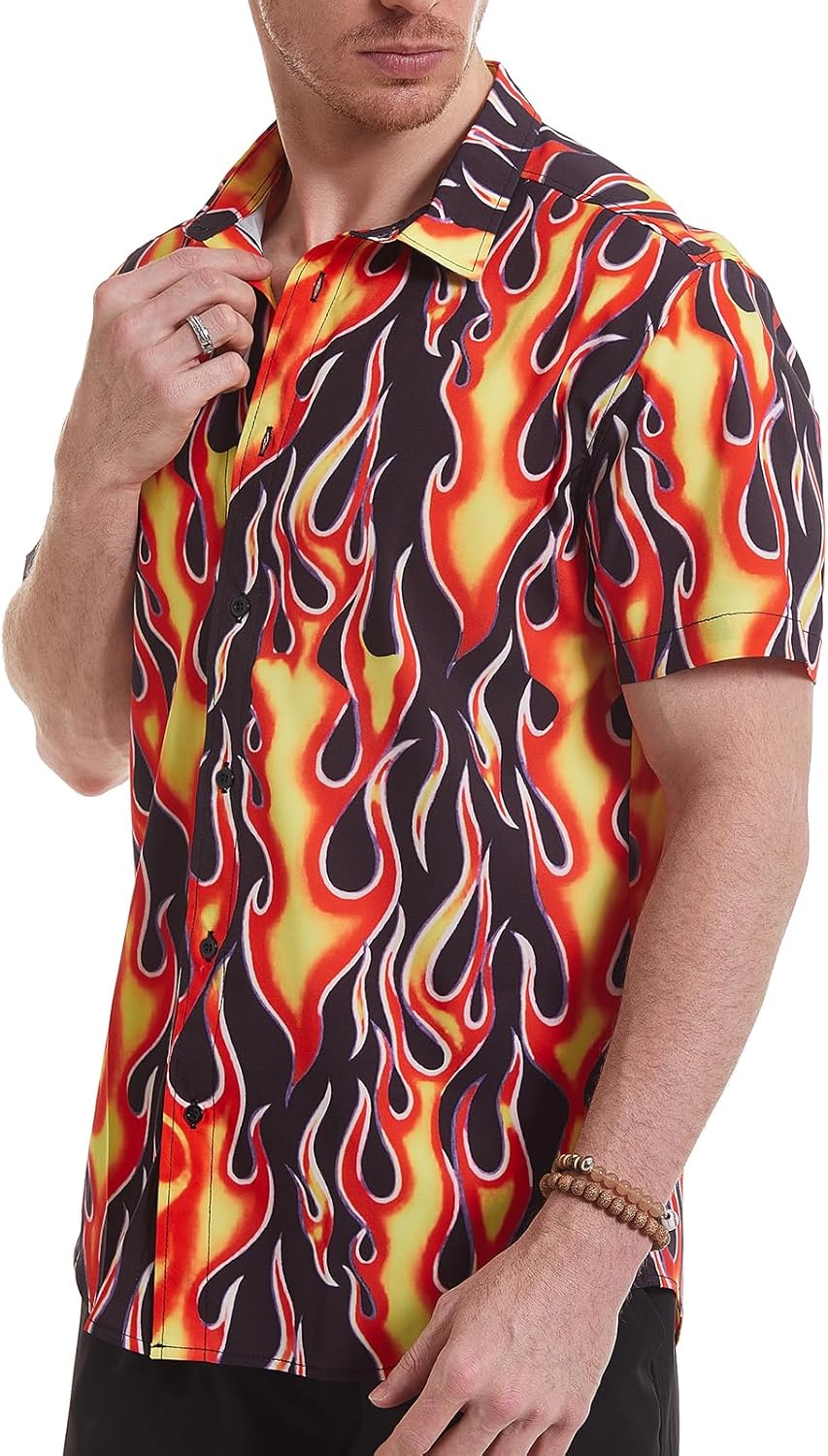 Men's Flame Stylish 3D Printed Graphic Short Sleeve Shirts Casual Fashion Print Button Down Shirt - Image 4