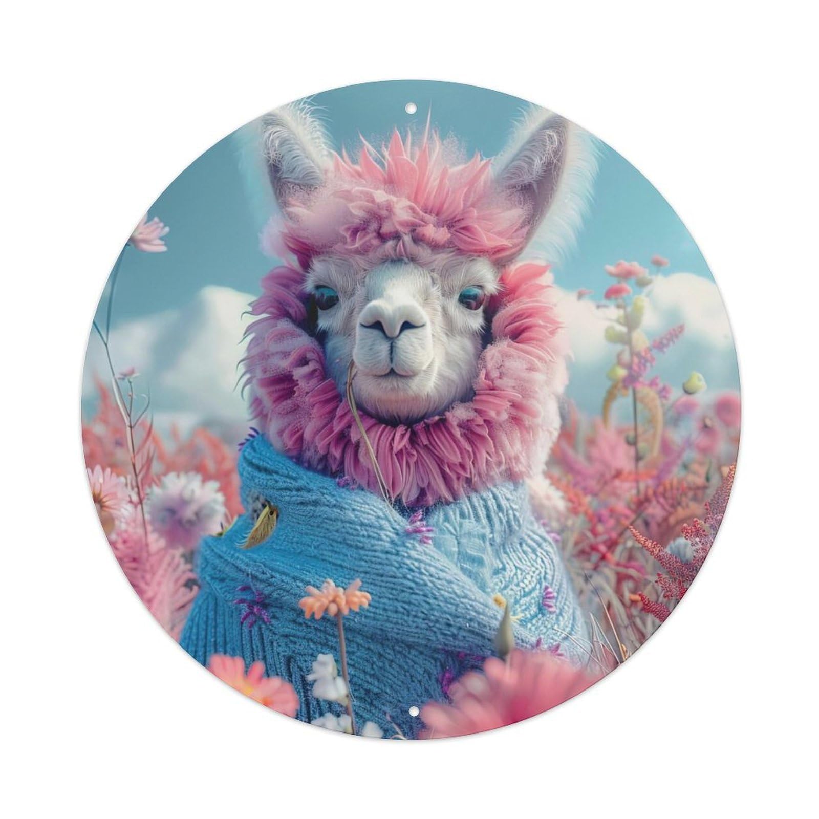 Animal Poster Alpaca in Flower Vintage Metal Tin Sign Plaque Wall Decor for Cafe, Club, Garden Round Metal Poster 8x8Inch