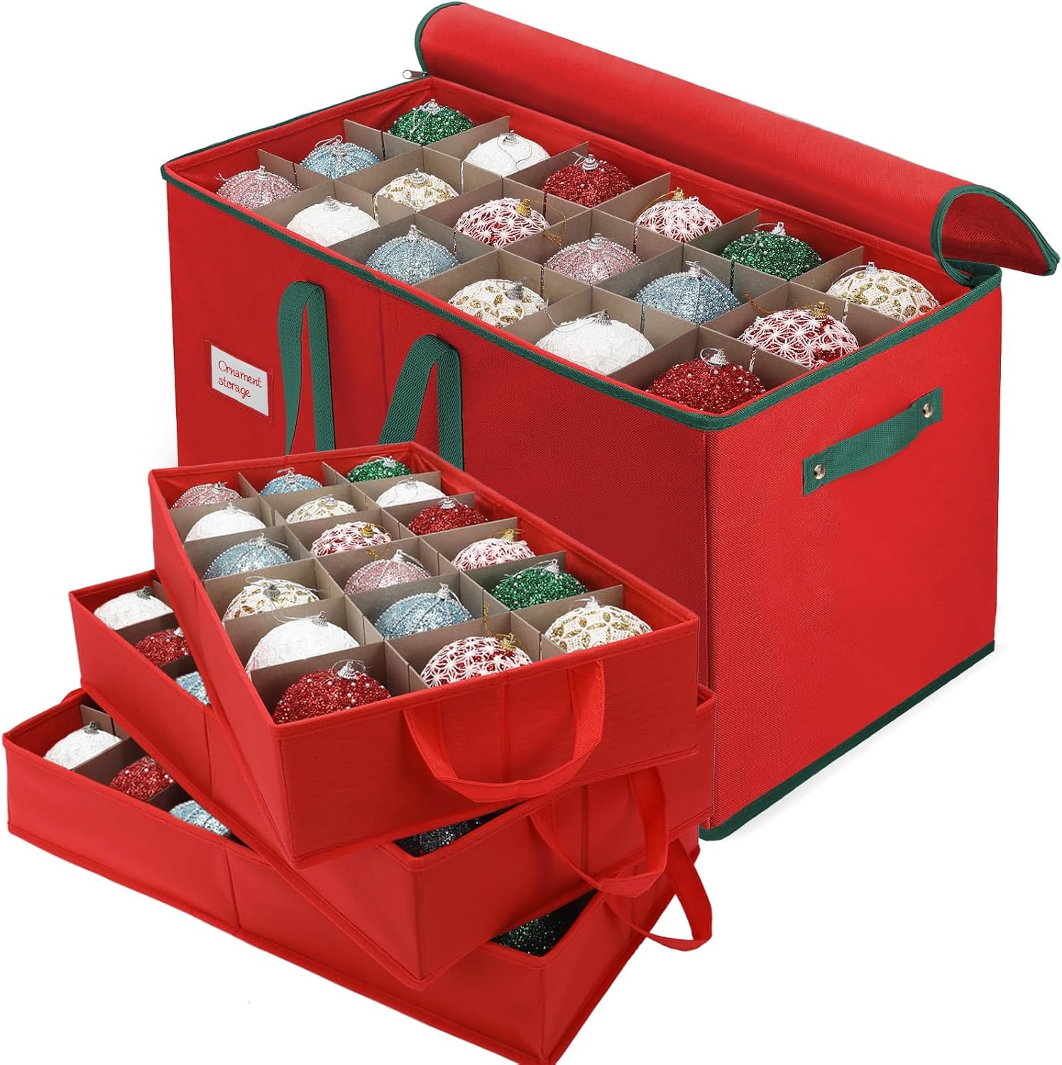 Christmas Ornament Storage Box, Stores Up to 54-4" Ornaments, 3 Individual Trays, Adjustable Dividers, 600D Oxford Fabric, Large Organizer Bin to Protect and Store Holiday Décor