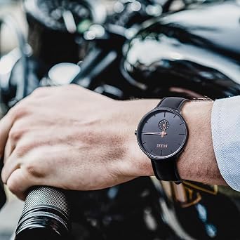 BUREI Herrenuhr mit schwarzem Zifferblatt und farbigen Zeigern – Quarzwerk wasserdicht Edelstahl – Elegantes Geschenk für Männer