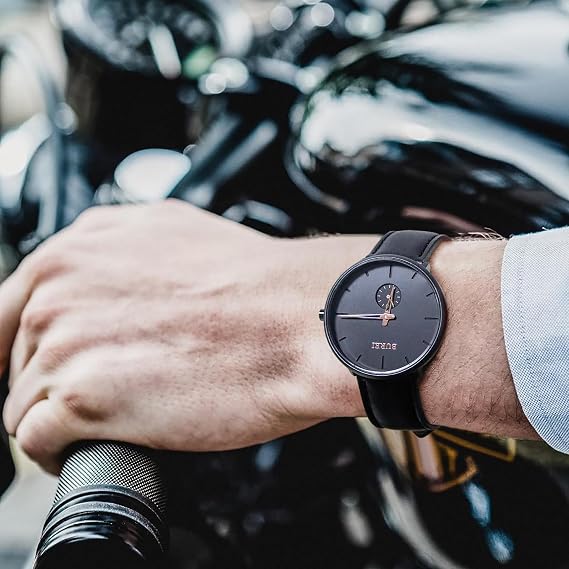 BUREI Herrenuhr mit schwarzem Zifferblatt und farbigen Zeigern – Quarzwerk wasserdicht Edelstahl – Elegantes Geschenk für Männer
