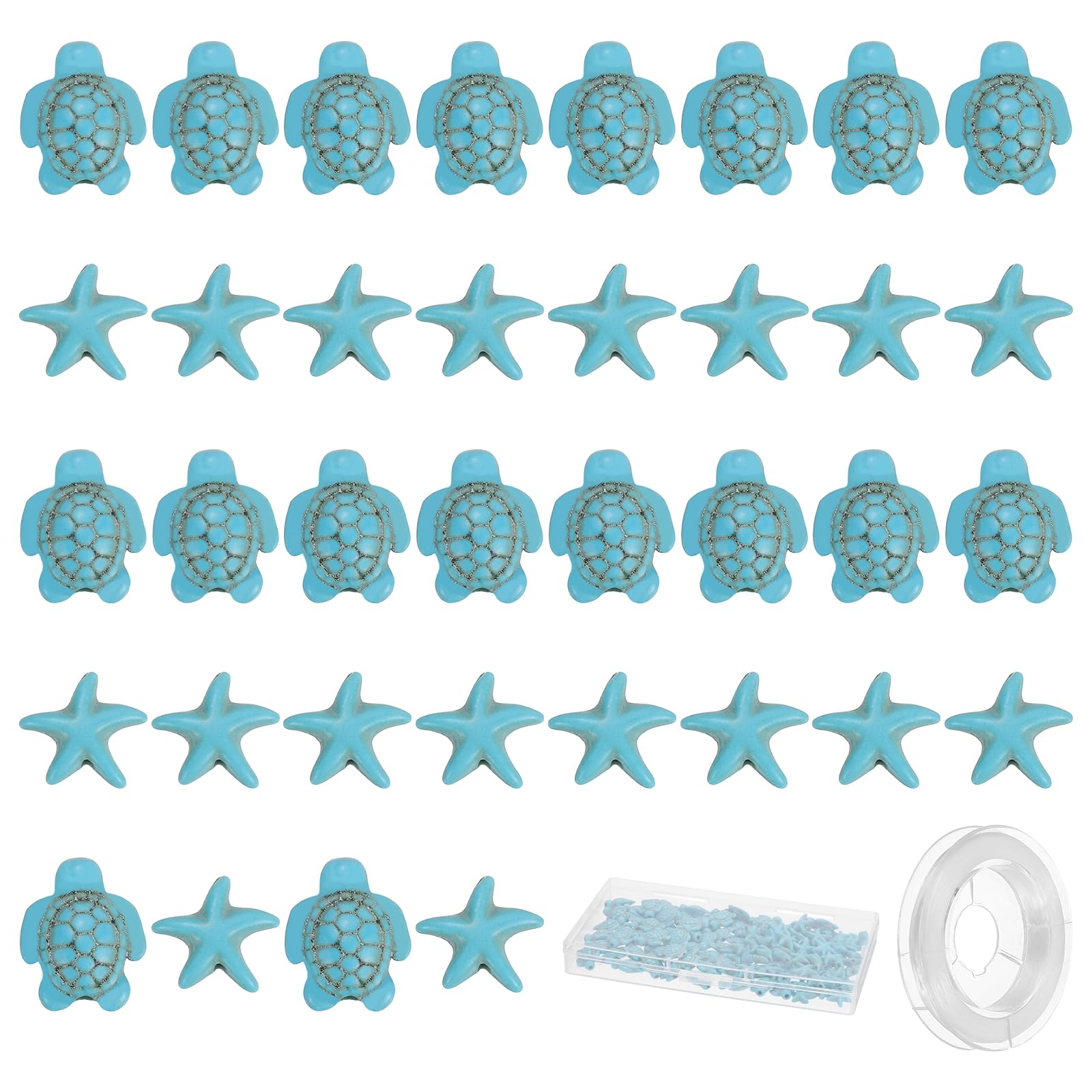 YOKIVE Schildkröten-Seestern-Perlen, 1 mm Loch, 2 Stile, synthetische Türkisperlen, Sommer, Meer, Ozean, Tier-Anhänger mit elastischem Faden und Box, ideal für DIY-Schmuckherstellung, Blau, 200 Stück