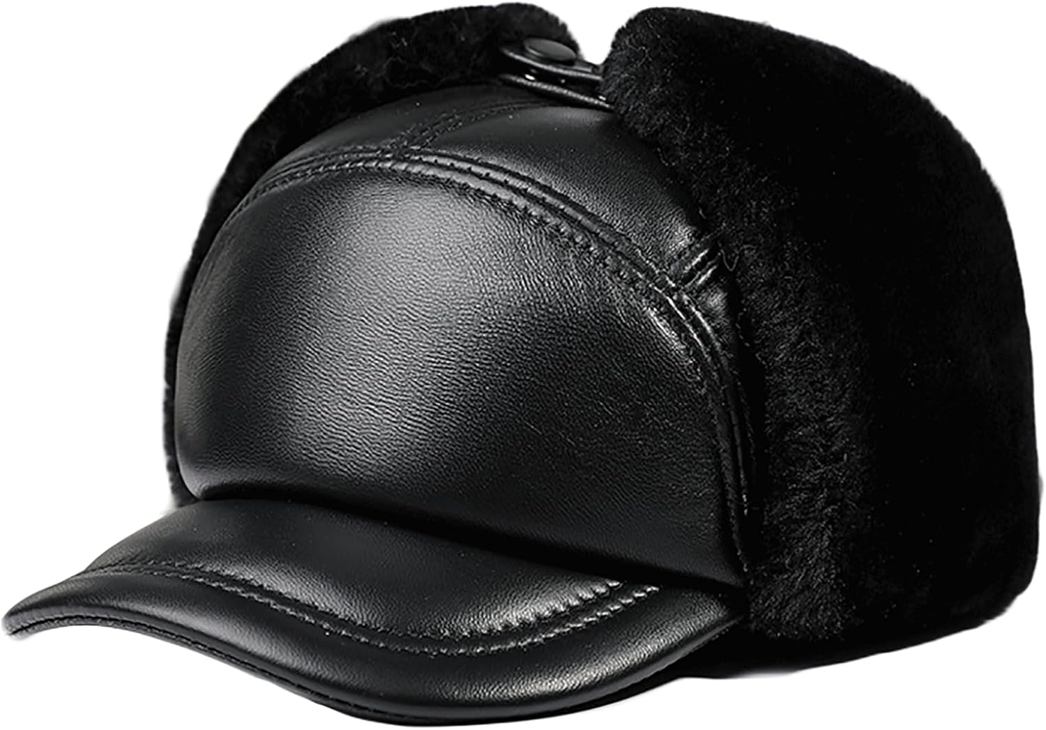 Unisex Leather Bomber Hat Winter Men Russian Ushanka Trapper Cap with Ear Flaps Baseball Cap