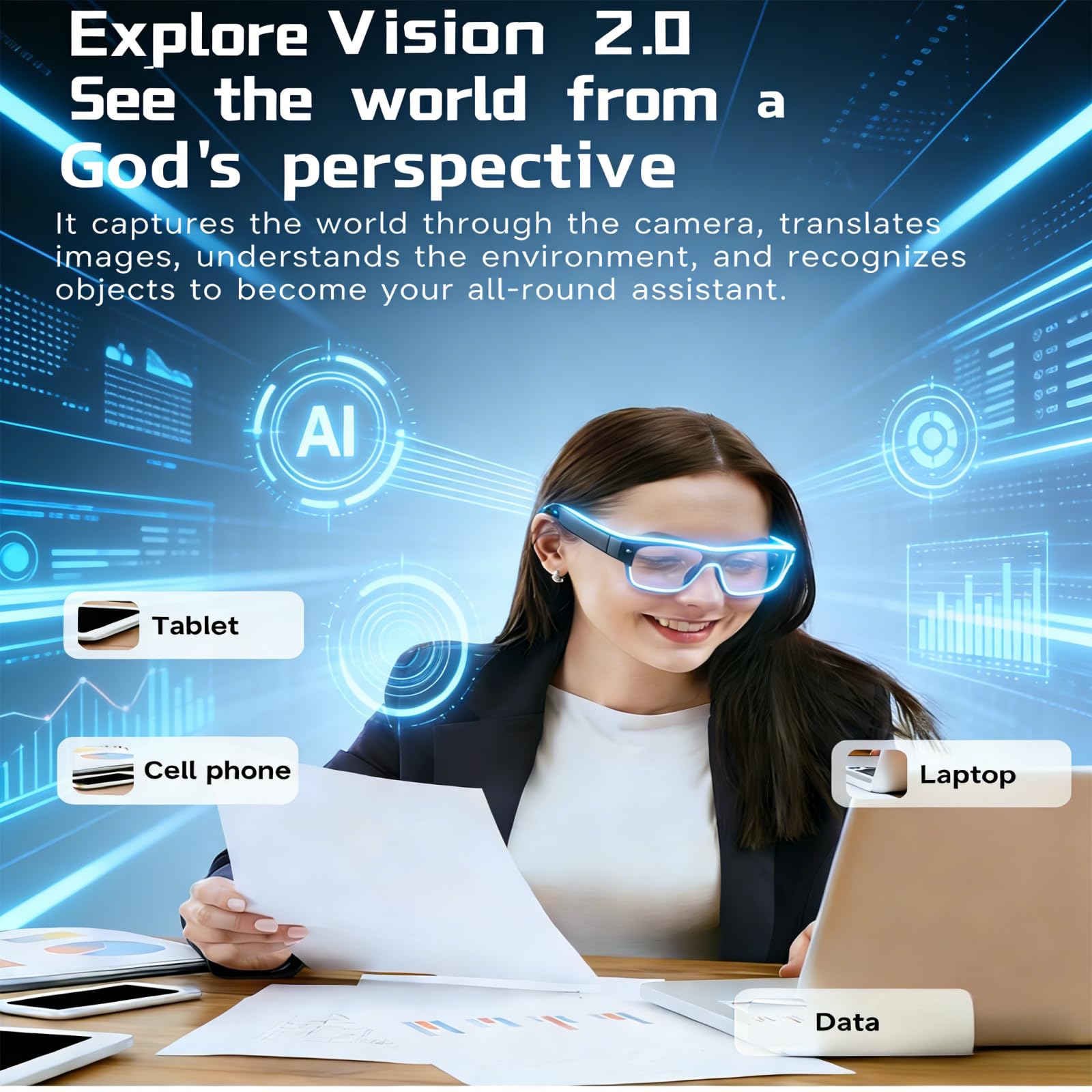 AI Brillen mit HD 8MP Kamera, Smart Glasses mit 270mAh, 1200P Videoaufnahme, Bluetooth 5.4, Echtzeit-KI-Übersetzung & Objekterkennung, Blau licht, Zwei Mikrofone für Anrufe, Aufnahmen