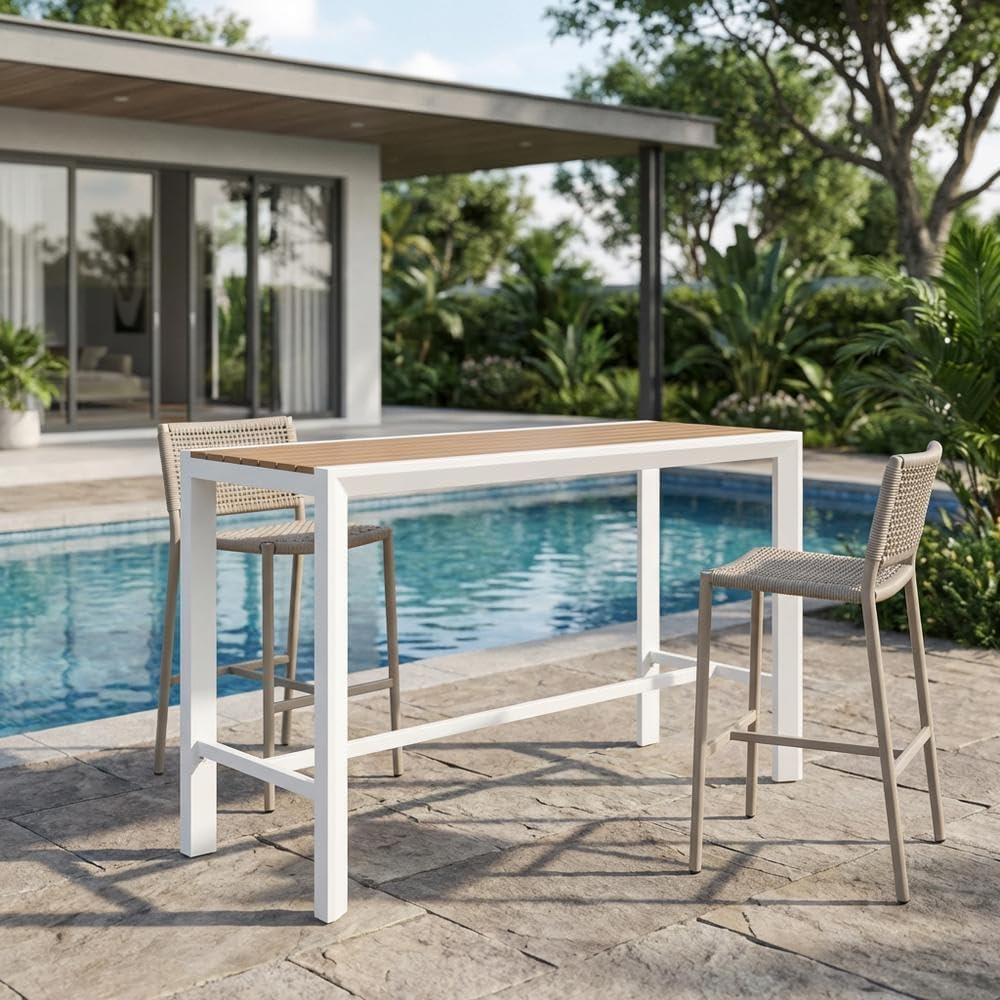 Brown Wood Look Accent Paneling Outdoor Patio Aluminum Rectangle Bar Table for Contemporary Style, Durable Weather-Resistant Finish