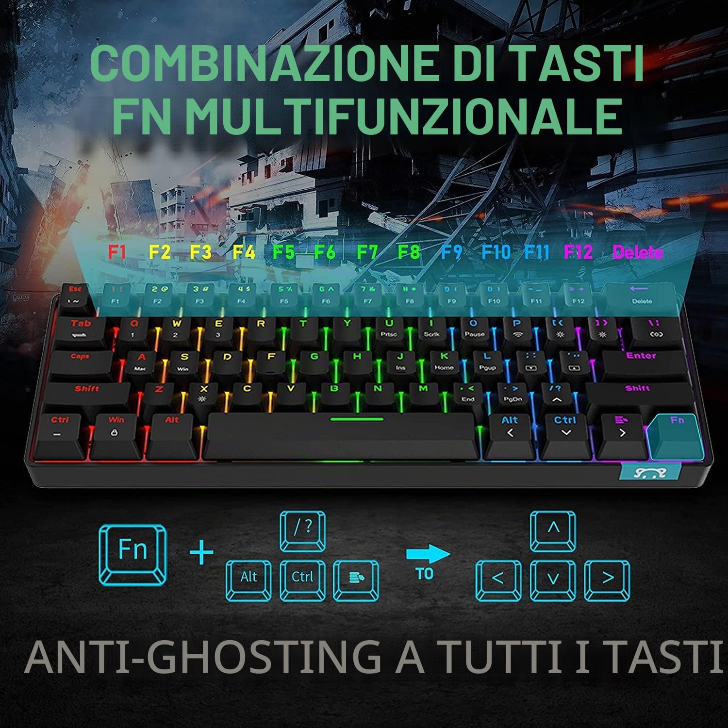 Tastiera meccanica al 60% con cavo / senza fili Tastiera Bluetooth 5.0 RGB Arcobaleno retroilluminato a LED USB Type-C Tastiera da gioco impermeabile Tasti anti-ghosting (interruttore marrone)