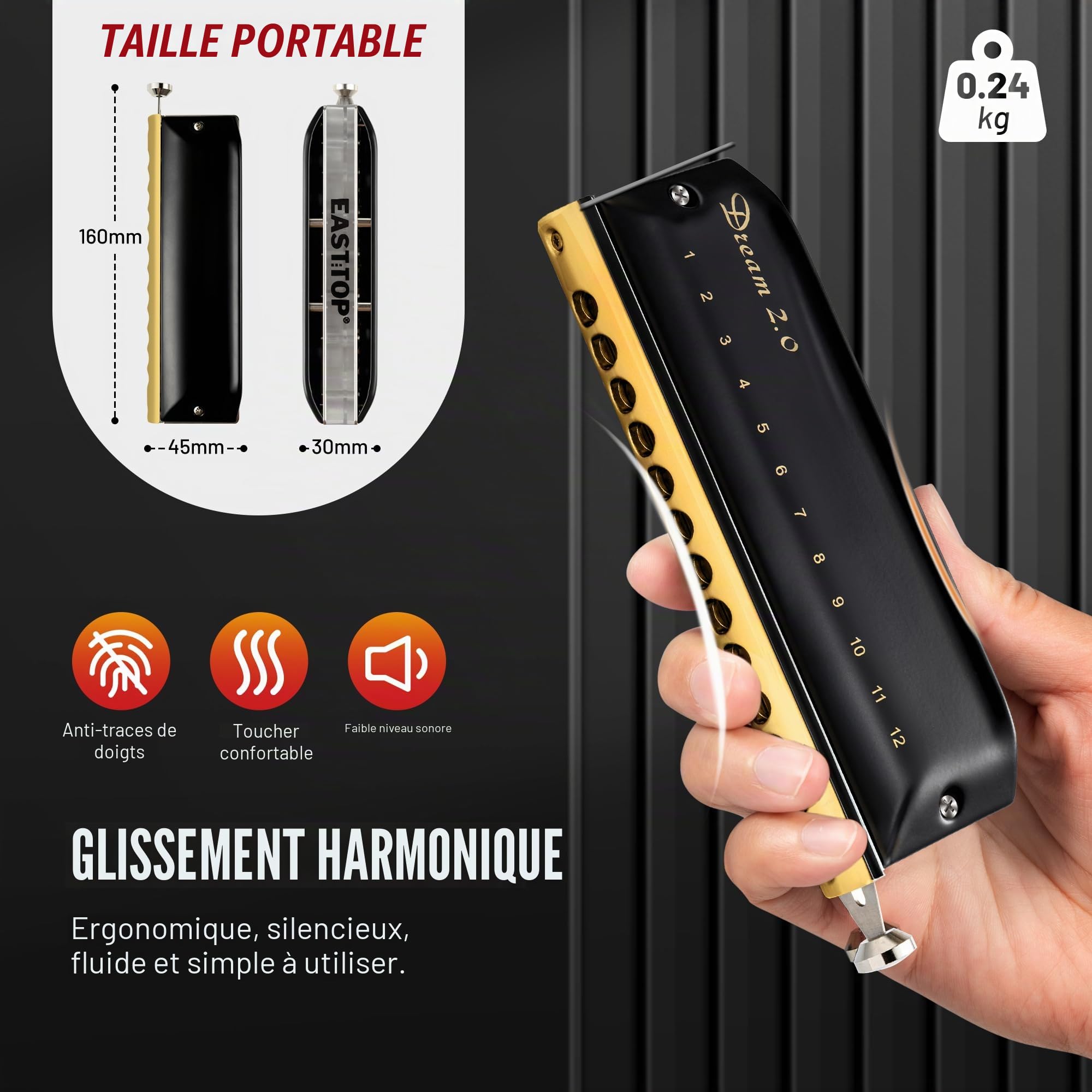EAST TOP Harmonica chromatique en Do - 12 trous - 48 tons - Orgue professionnel - Pour adultes, professionnels et étudiants - Noir