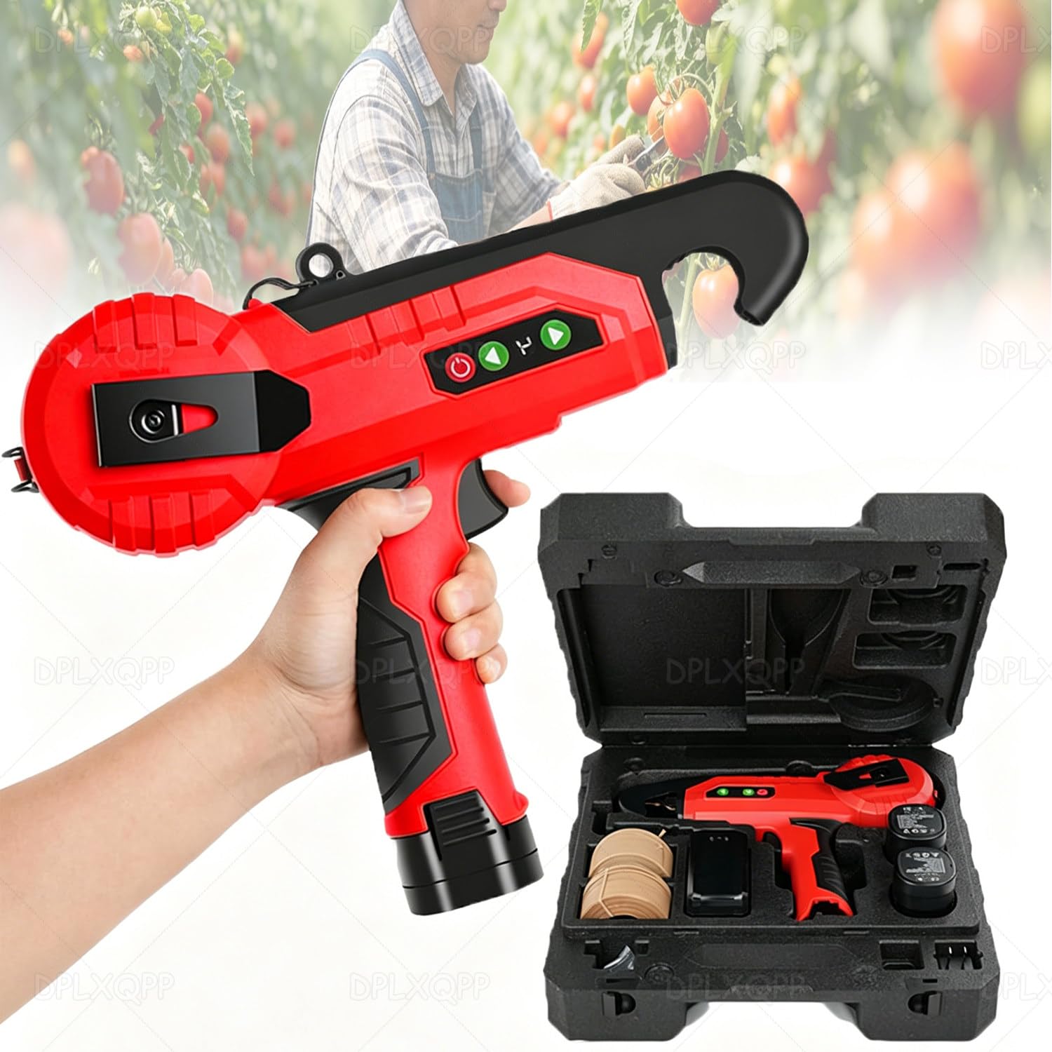 DPLXQPP Electric Vineyard Tape Tool,Handheld Vines Tying Machine with 4 Tightness Settings,Fast 1-Second Binding,16.8v Rechargeable & Portable for Delicate Crops like Loofah,Cucumber,Tomato