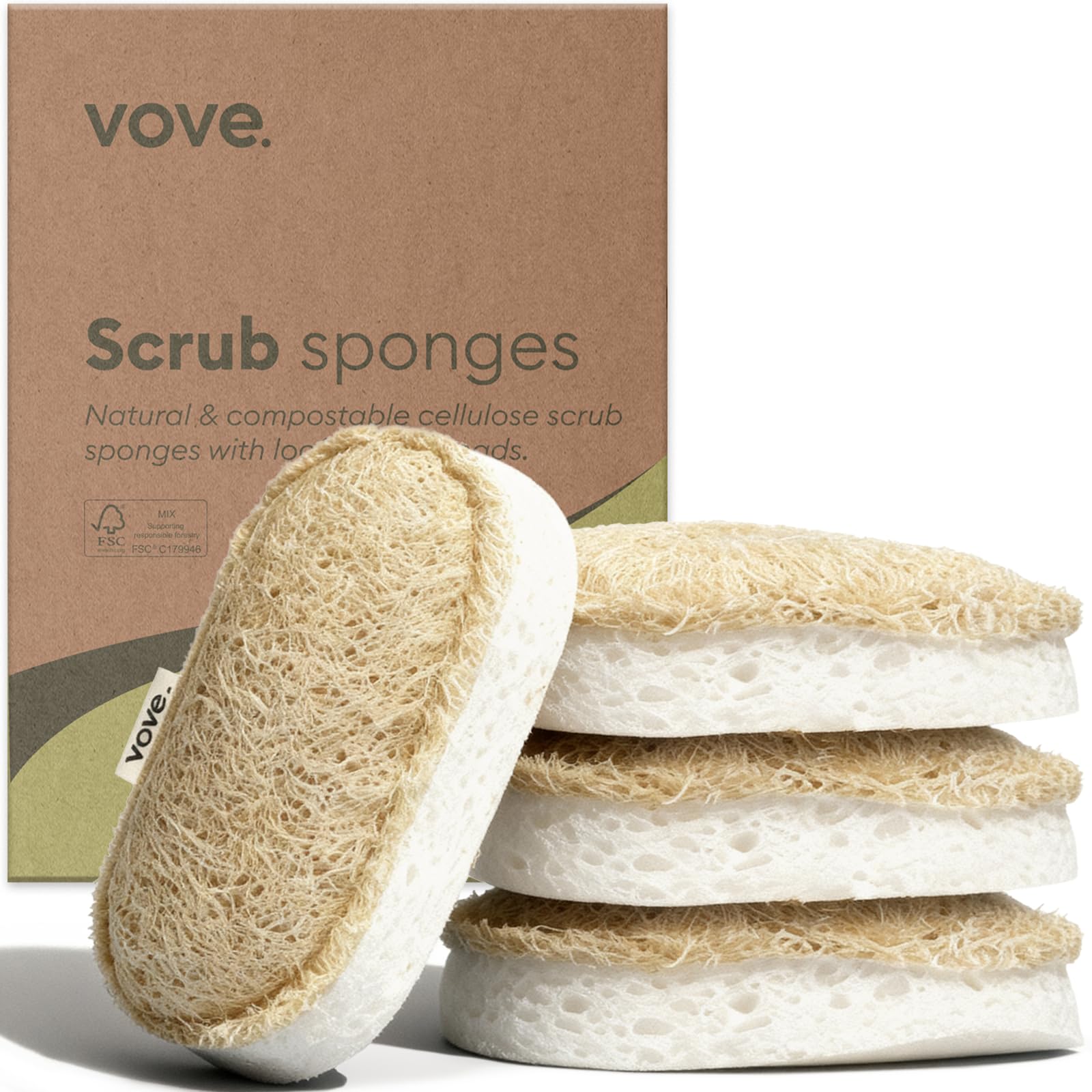 Scrub Sponges 4 Pack | Natural Cellulose & Loofah Kitchen Sponges | Eco-Friendly Dish Sponge for Bathroom & Kitchen Cleaning | FSC Certified Sustainable Packaging