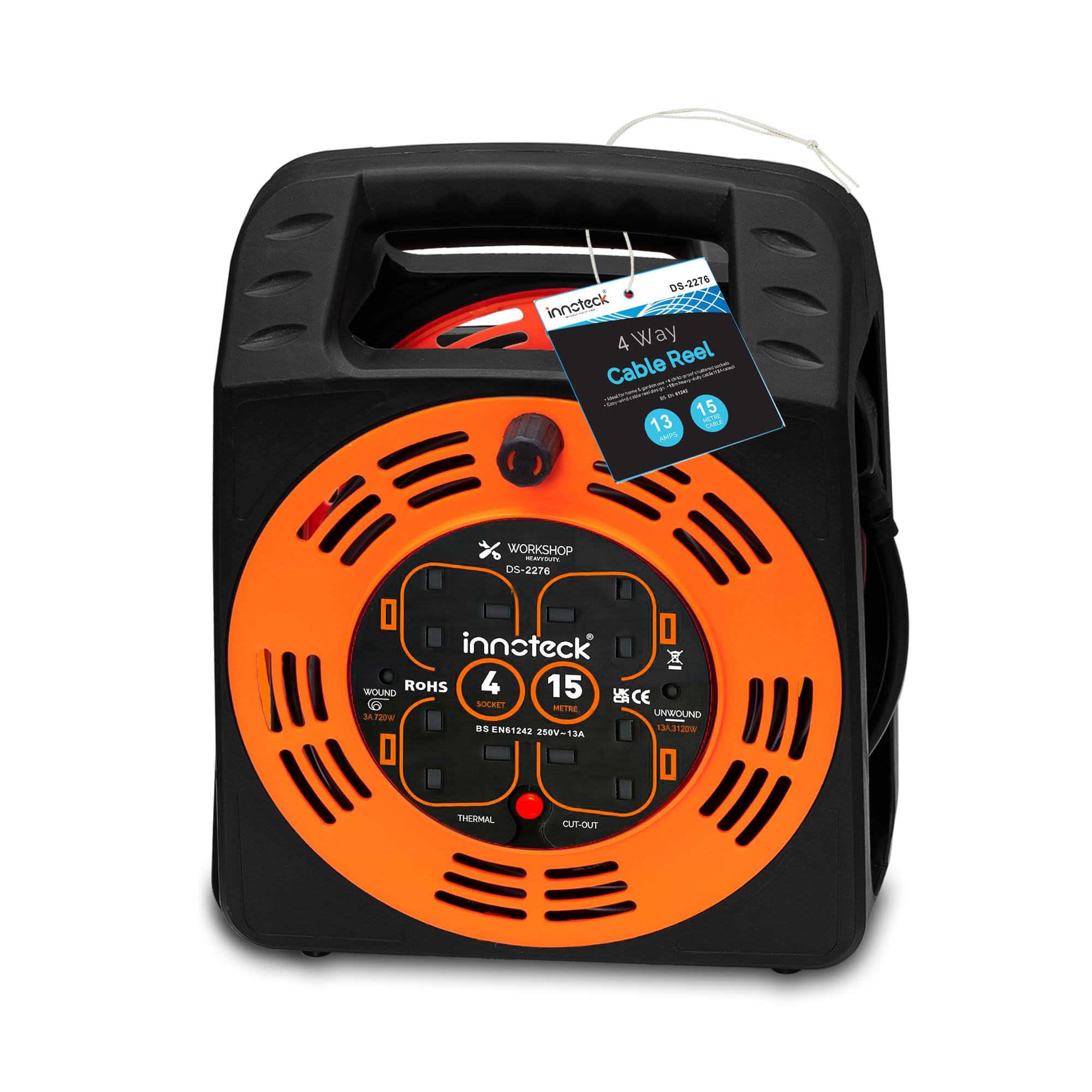 Innoteck 4-Way 15M Cable Reel with 13A Fused Plug – Heavy Duty Portable Extension Cord with Thermal Cut-Out Protection & Resetting Switch – Indoor Multi-Socket Power Reel, Orange & Black — image 1