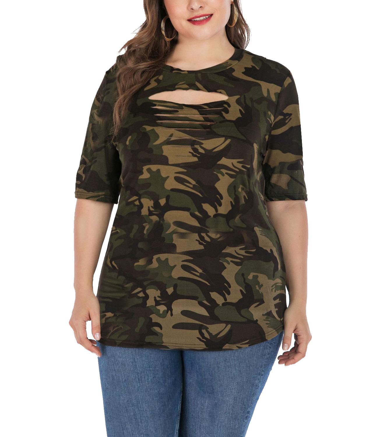 HEARTISIAN Women Camouflage T Shirt Plus Size Tunic Tops Front Hollow Out Tees Short Sleeve Casual Camo Blouse
