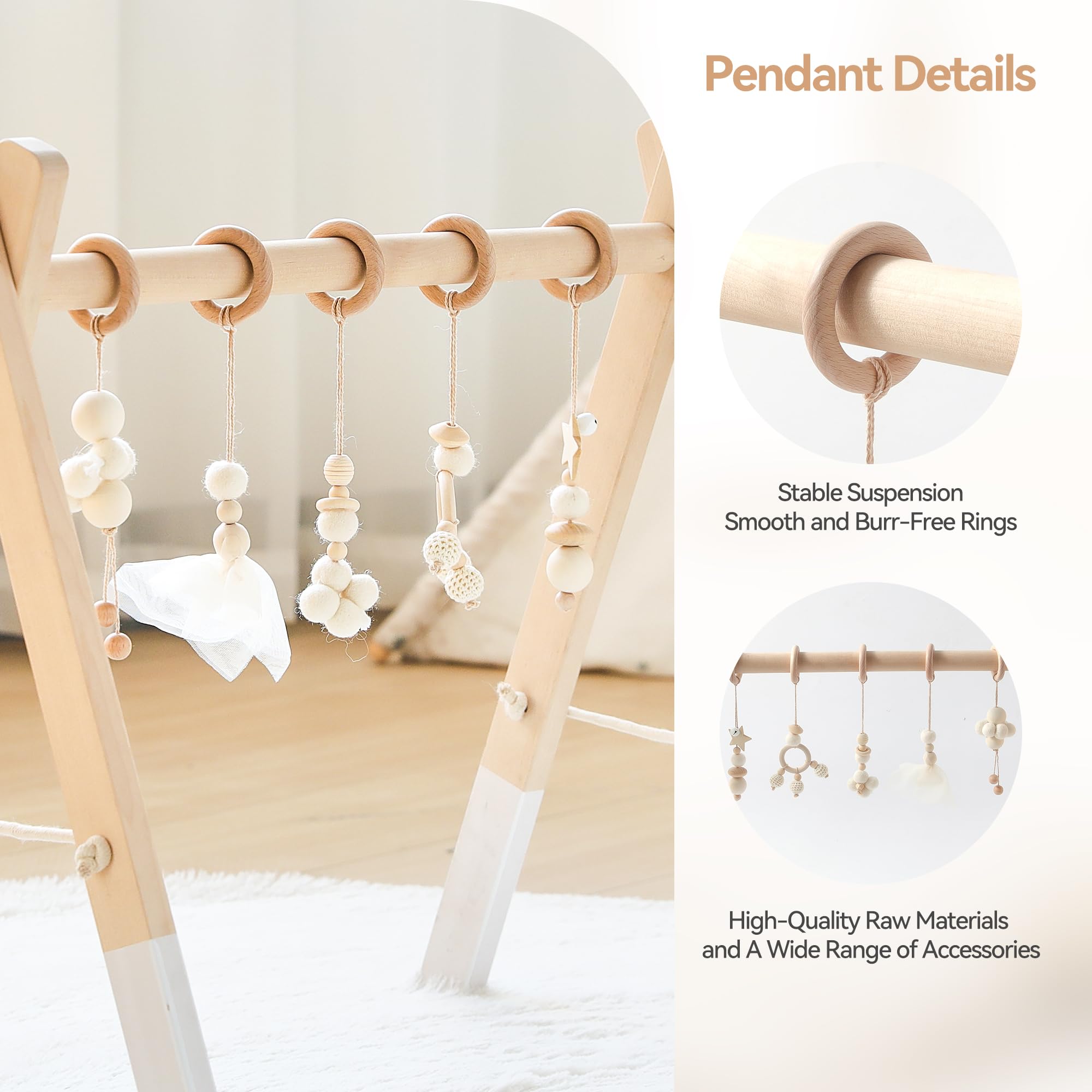 Promise Babe Wooden Baby Play Gym Arch with 5 Detachable Sensory Toys, White Cotton Pendant Design, Newborn Baby Essentials - Image 3