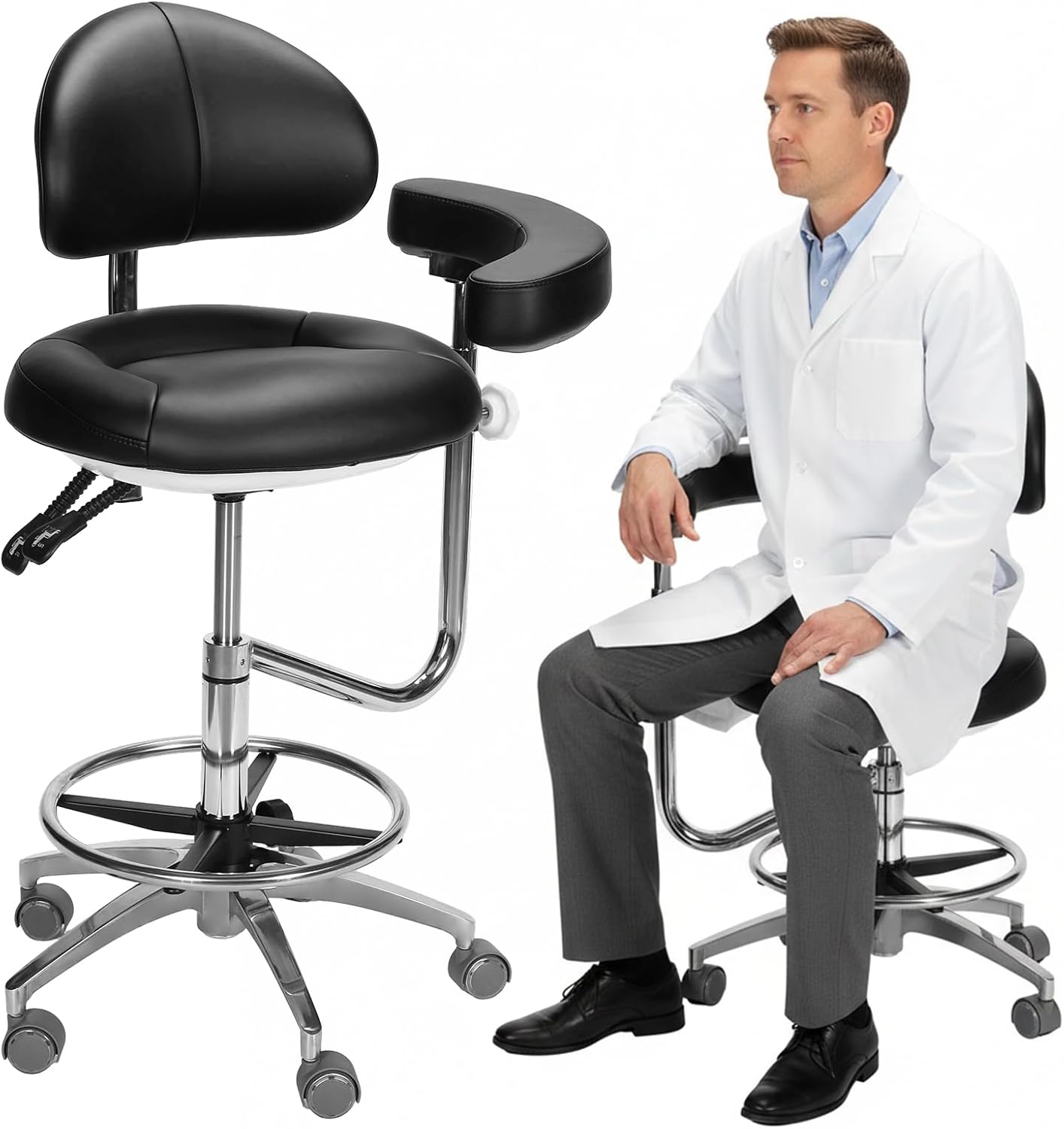 Ergonomic Adjustable Dental Stool Swivel Rolling Medical Chair with Rotatable Armrest and Back Support Height Adjustable Comfort Dentist Stool for Clinic Dental Office and Lab(Black)