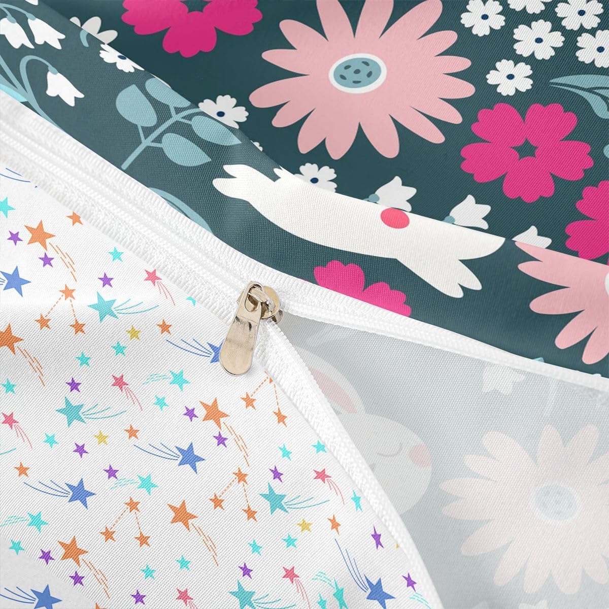 Cute Rabbit Comforter Cover Set Cartoon Bunny Print Duvet Cover for Kids Boys Girls Lovely Little Floral Rabbit Decor Bedding Set Botanical Animal Bedspread Cover Bedroom Collection 2Pcs Twin Size