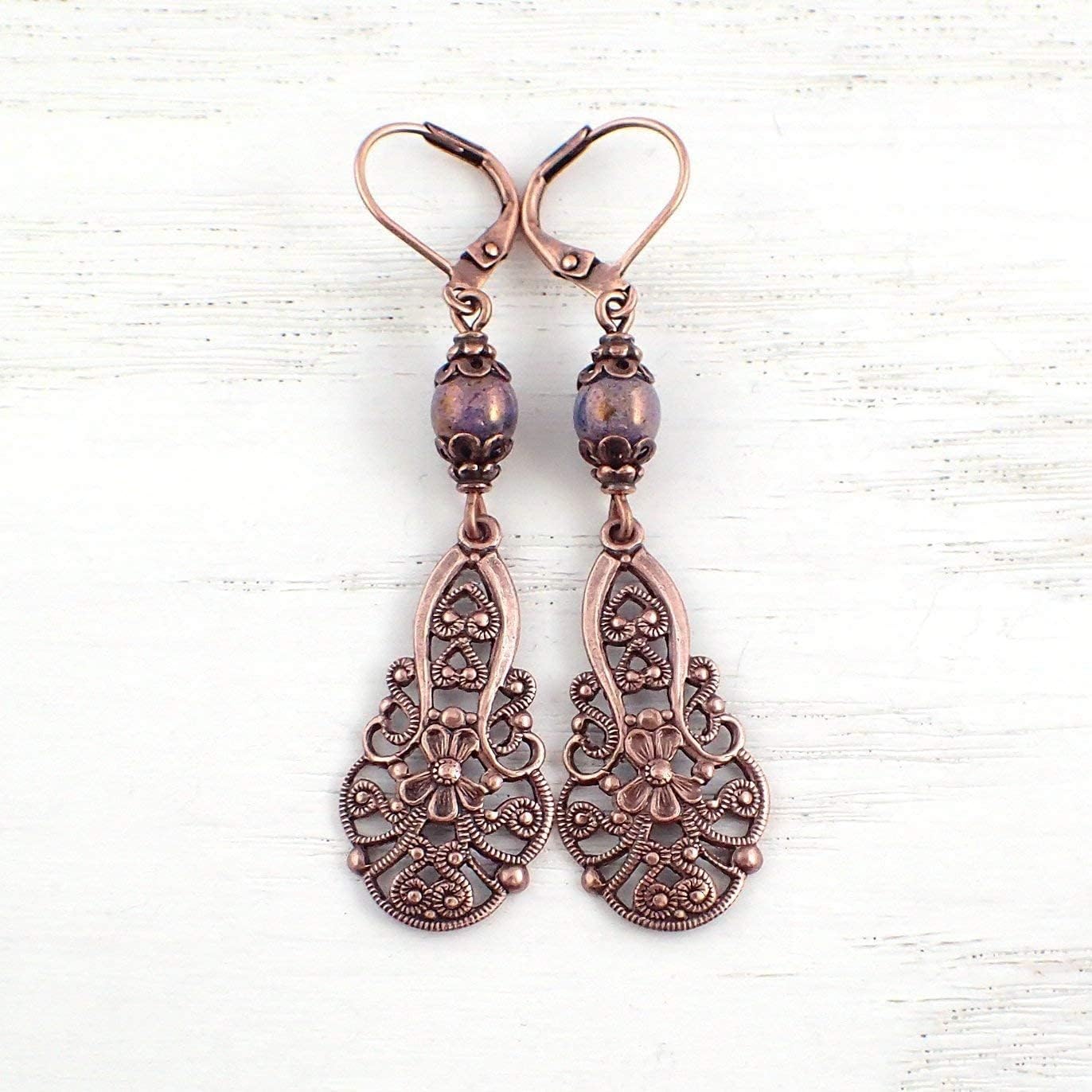 Lacy Filigree Drop Earrings with Czech Glass Beads in Antiqued Copper