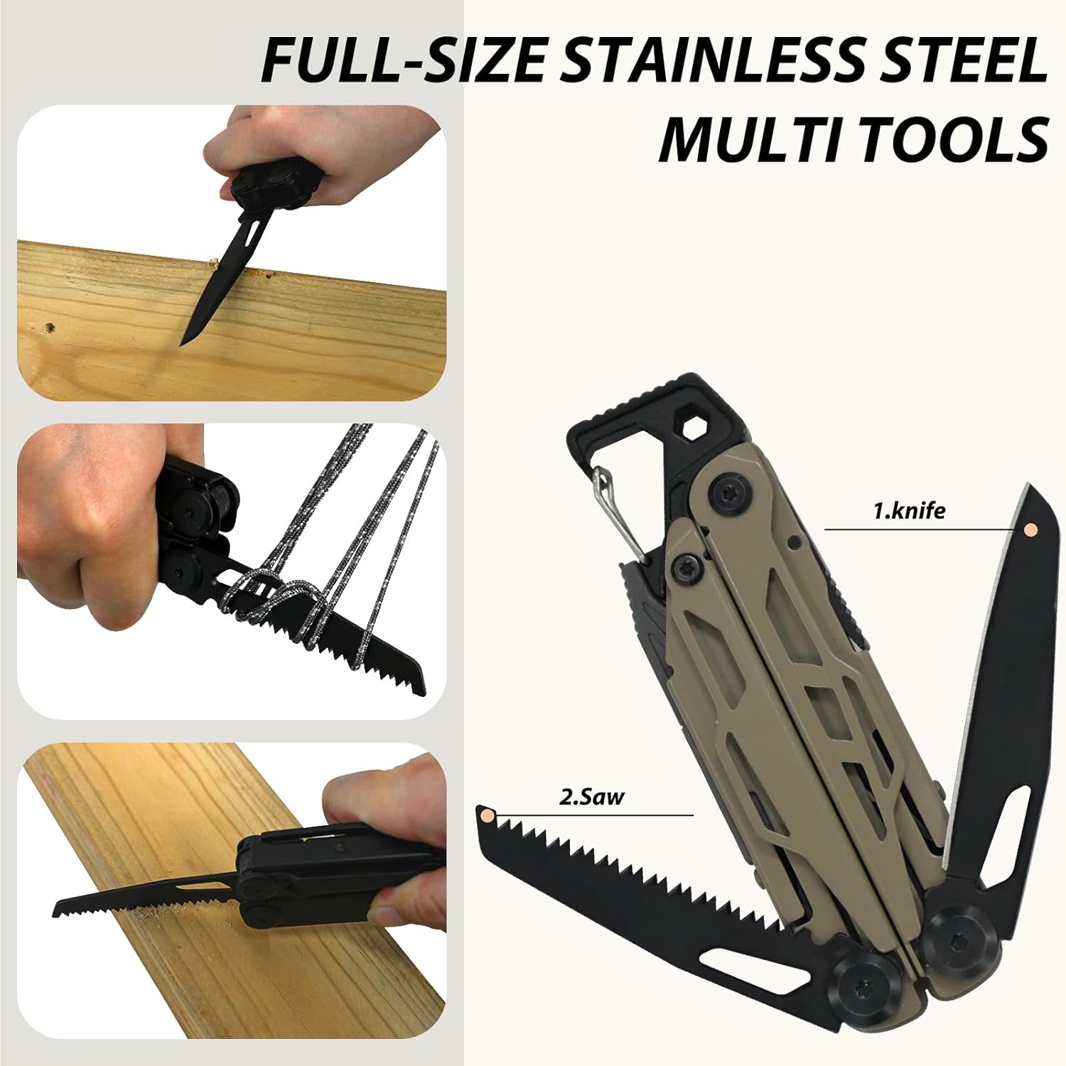 23-in-1 Multitool Pliers - Multi tool Pocket Knife with Screwdriver, Fire Starter, Saw, Whistle, Wire Stripper, Survival Gear for Hunting and Camping with Nylon Sheath (Brown)