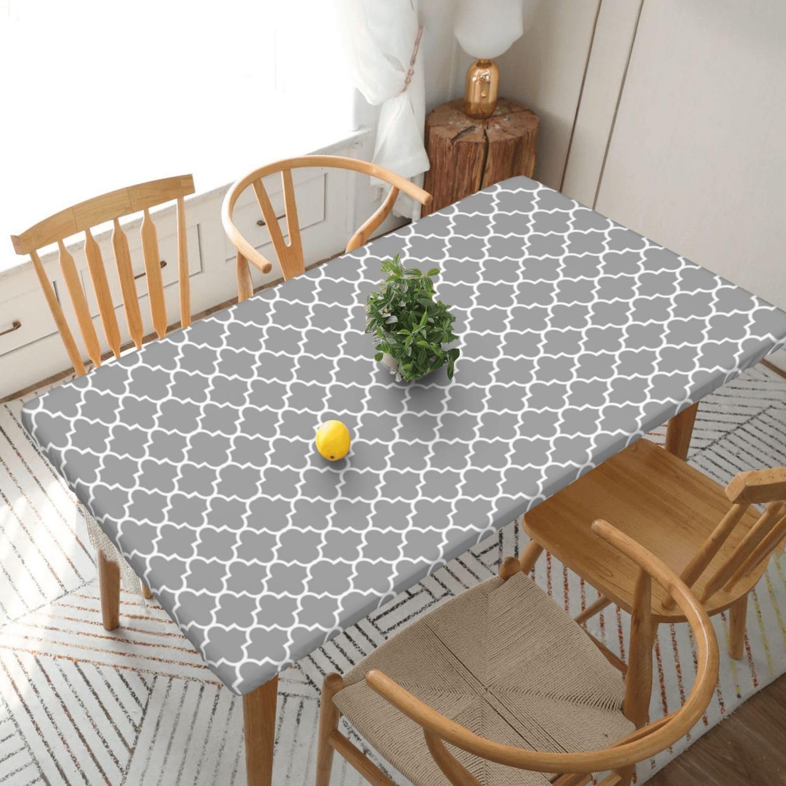 Augustrush Quatrefoil Grey Rectangle Tablecloth, Fitted Tablecloth For 5 Ft Tables Waterproof Elastic Edge Table Cover For Folding Banquet Tables Wipeable Table Cloth For Picnic Parties (152X76 Cm)